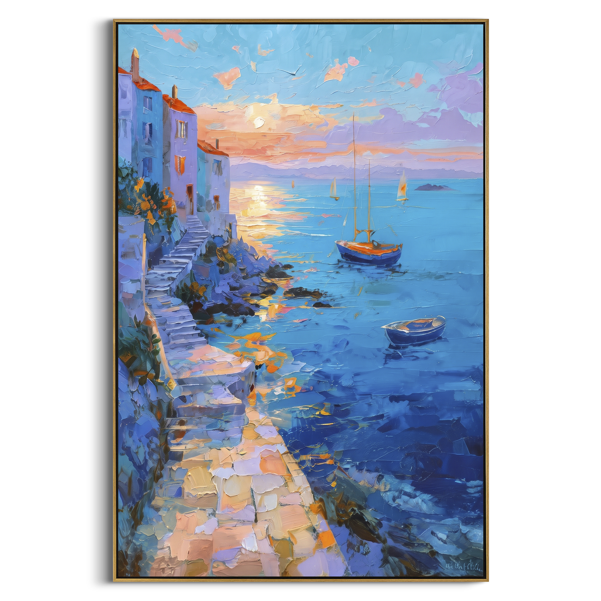 "Seaside Terrace Sailboats Study Painting" focuses on atmosphere, surface movement, and sculptural heavy impasto craftsmanship rather than a fixed literal storyline. The composition uses this hand-painted Mediterranean canvas features sailboats on a blue bay, flowering terrace, coastal town and luminous summer sky, built with raised palette-knife texture, layered brushwork, and luminous coastal color as the visual anchor, while layered palette-knife paint, raised plaster-like texture, and