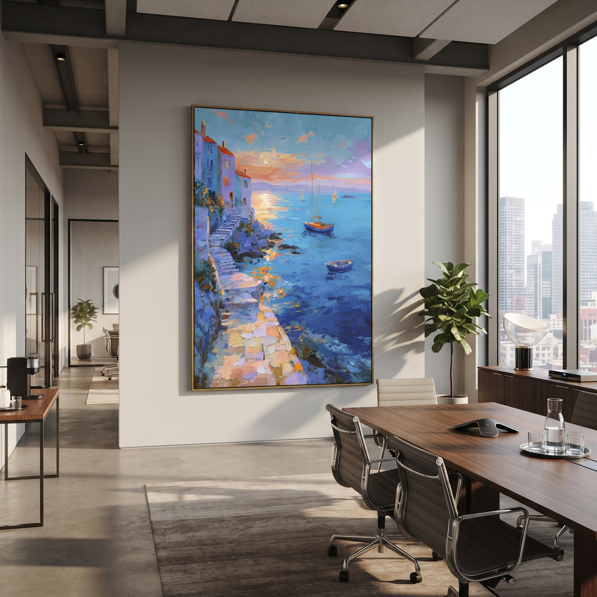 "Seaside Terrace Sailboats Study Painting" focuses on atmosphere, surface movement, and sculptural heavy impasto craftsmanship rather than a fixed literal storyline. The composition uses this hand-painted Mediterranean canvas features sailboats on a blue bay, flowering terrace, coastal town and luminous summer sky, built with raised palette-knife texture, layered brushwork, and luminous coastal color as the visual anchor, while layered palette-knife paint, raised plaster-like texture, and