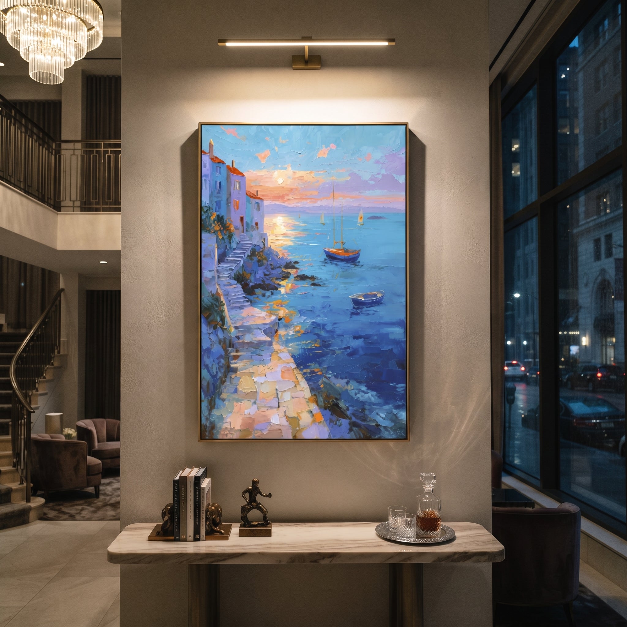 "Seaside Terrace Sailboats Study Painting" focuses on atmosphere, surface movement, and sculptural heavy impasto craftsmanship rather than a fixed literal storyline. The composition uses this hand-painted Mediterranean canvas features sailboats on a blue bay, flowering terrace, coastal town and luminous summer sky, built with raised palette-knife texture, layered brushwork, and luminous coastal color as the visual anchor, while layered palette-knife paint, raised plaster-like texture, and
