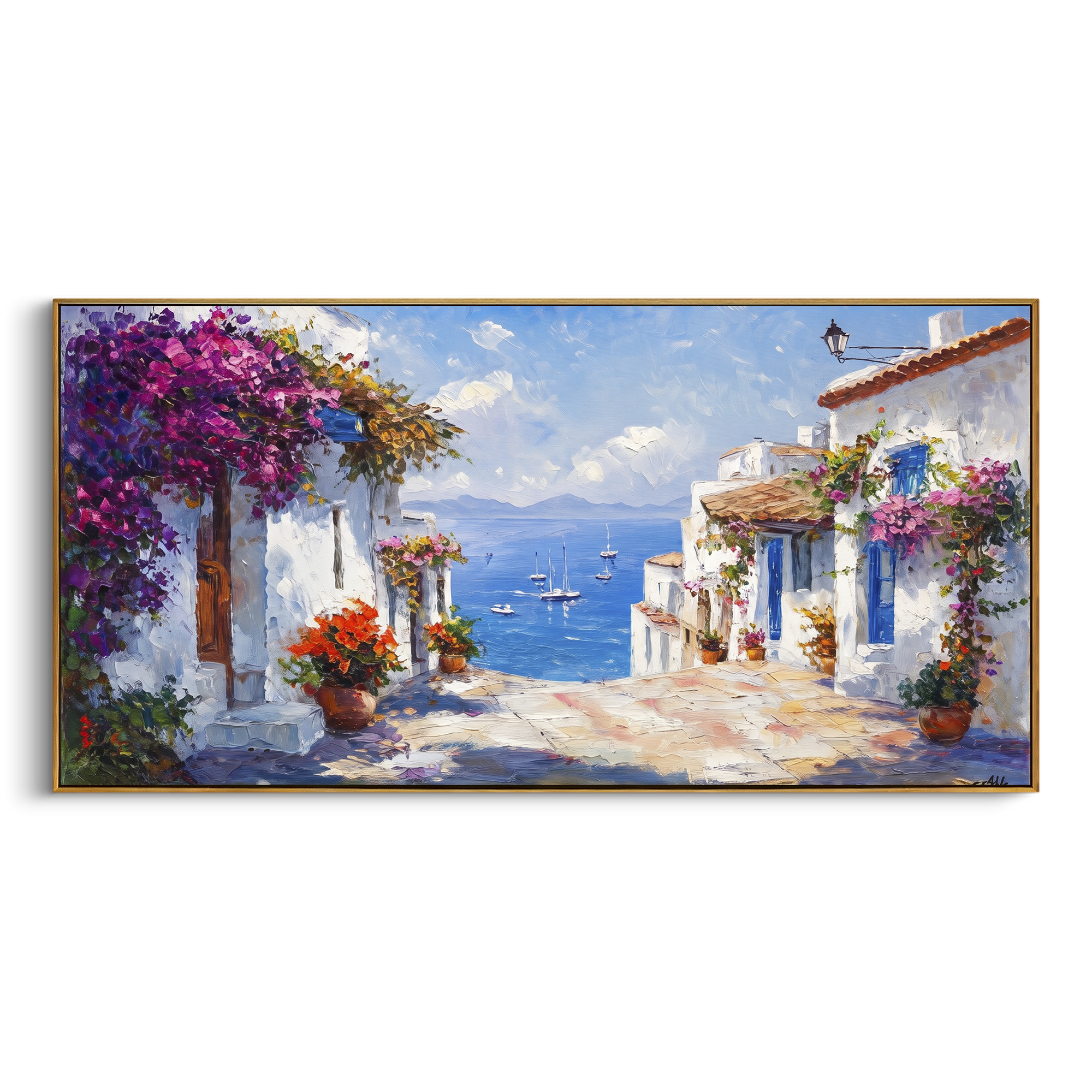"Coastal Village Boats Study Painting" focuses on atmosphere, surface movement, and sculptural heavy impasto craftsmanship rather than a fixed literal storyline. The composition uses this hand-painted Mediterranean canvas features colorful waterfront houses, moored boats, shimmering blue harbor reflections, pastel sky, built with raised palette-knife texture, layered brushwork, and luminous coastal color as the visual anchor, while layered palette-knife paint, raised plaster-like texture, and
