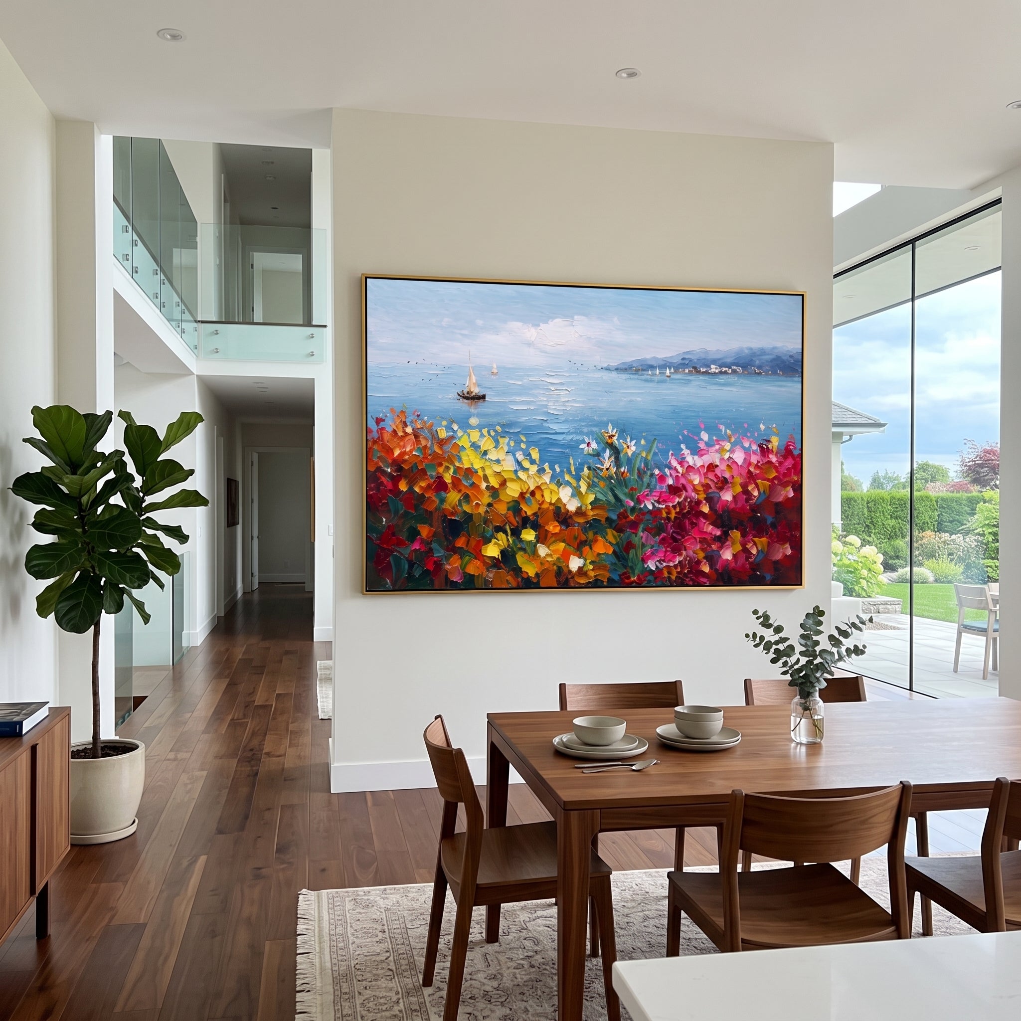 "Sailing Coast Garden Coastal Painting" focuses on atmosphere, surface movement, and sculptural heavy impasto craftsmanship rather than a fixed literal storyline. The composition uses this hand-painted Mediterranean canvas features sailboats on a blue bay, flowering terrace, coastal town and luminous summer sky, built with raised palette-knife texture, layered brushwork, and luminous coastal color as the visual anchor, while layered palette-knife paint, raised plaster-like texture, and softened