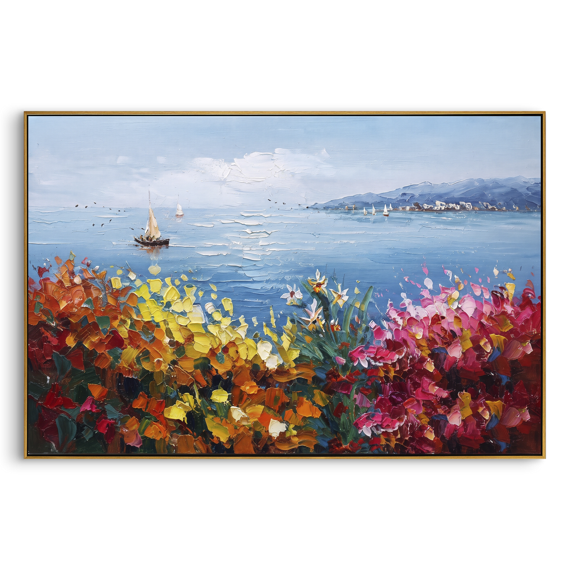 "Sailing Coast Garden Coastal Painting" focuses on atmosphere, surface movement, and sculptural heavy impasto craftsmanship rather than a fixed literal storyline. The composition uses this hand-painted Mediterranean canvas features sailboats on a blue bay, flowering terrace, coastal town and luminous summer sky, built with raised palette-knife texture, layered brushwork, and luminous coastal color as the visual anchor, while layered palette-knife paint, raised plaster-like texture, and softened