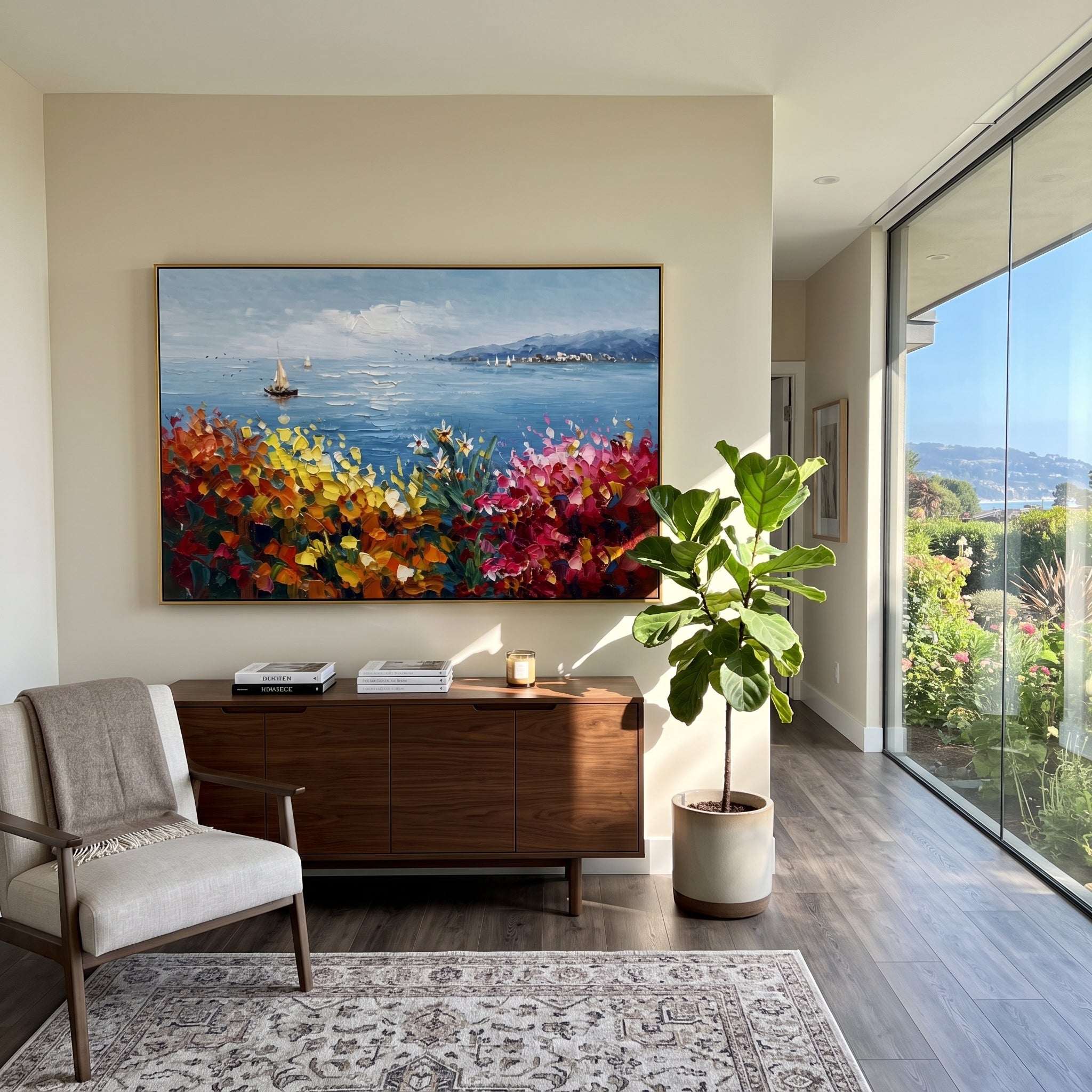 "Sailing Coast Garden Coastal Painting" focuses on atmosphere, surface movement, and sculptural heavy impasto craftsmanship rather than a fixed literal storyline. The composition uses this hand-painted Mediterranean canvas features sailboats on a blue bay, flowering terrace, coastal town and luminous summer sky, built with raised palette-knife texture, layered brushwork, and luminous coastal color as the visual anchor, while layered palette-knife paint, raised plaster-like texture, and softened