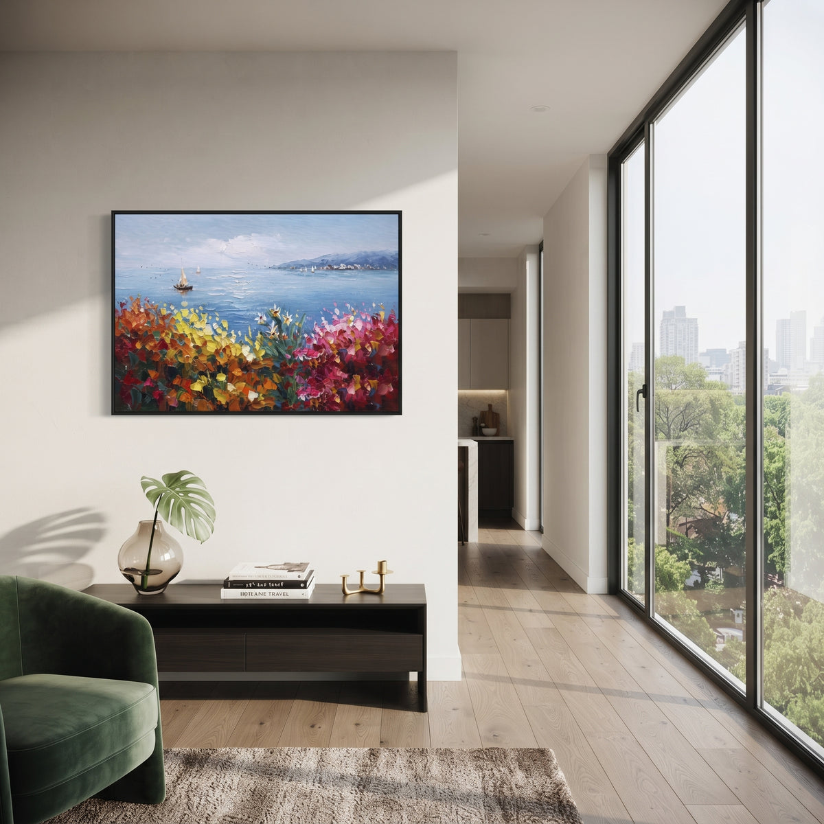 "Sailing Coast Garden Coastal Painting" focuses on atmosphere, surface movement, and sculptural heavy impasto craftsmanship rather than a fixed literal storyline. The composition uses this hand-painted Mediterranean canvas features sailboats on a blue bay, flowering terrace, coastal town and luminous summer sky, built with raised palette-knife texture, layered brushwork, and luminous coastal color as the visual anchor, while layered palette-knife paint, raised plaster-like texture, and softened