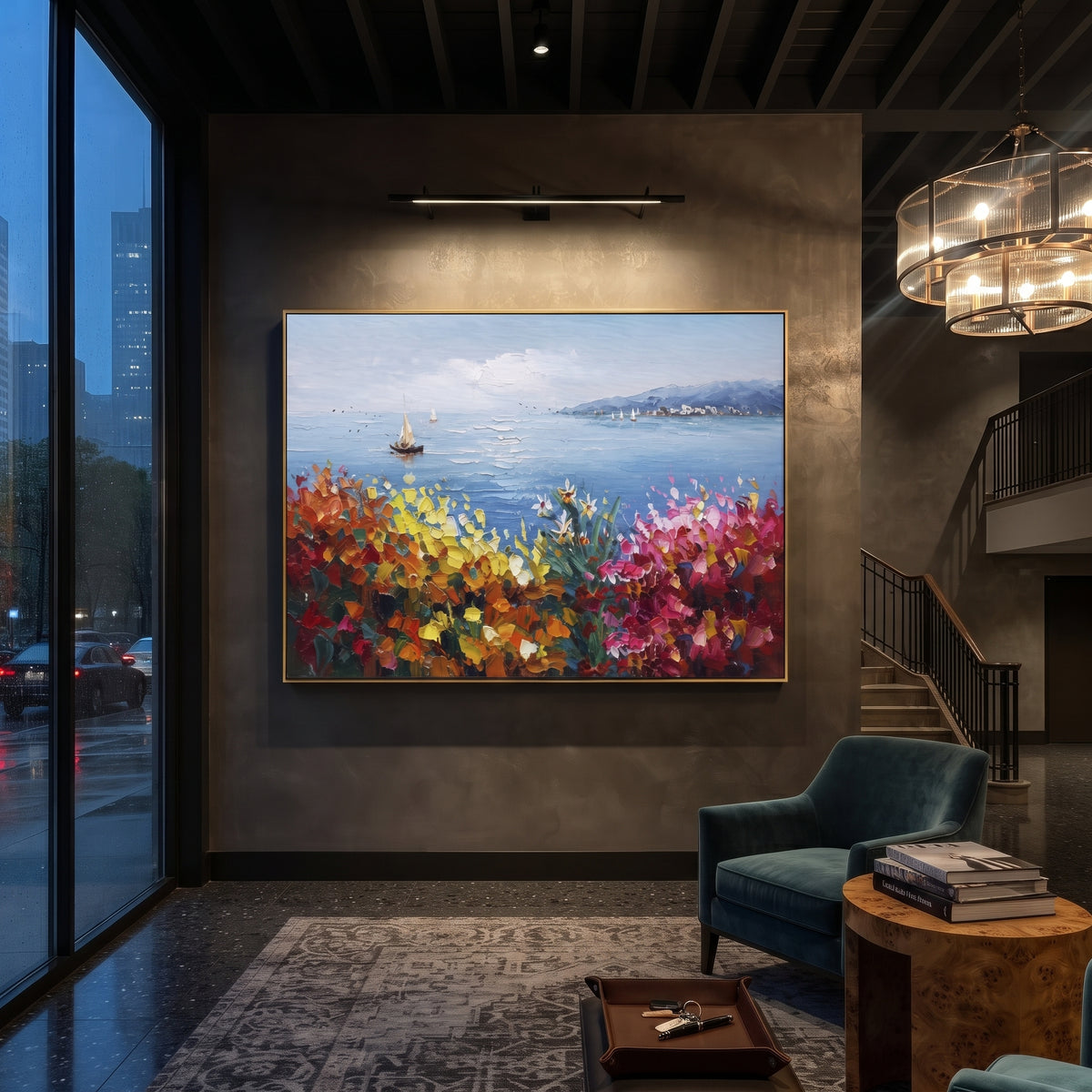 "Sailing Coast Garden Coastal Painting" focuses on atmosphere, surface movement, and sculptural heavy impasto craftsmanship rather than a fixed literal storyline. The composition uses this hand-painted Mediterranean canvas features sailboats on a blue bay, flowering terrace, coastal town and luminous summer sky, built with raised palette-knife texture, layered brushwork, and luminous coastal color as the visual anchor, while layered palette-knife paint, raised plaster-like texture, and softened