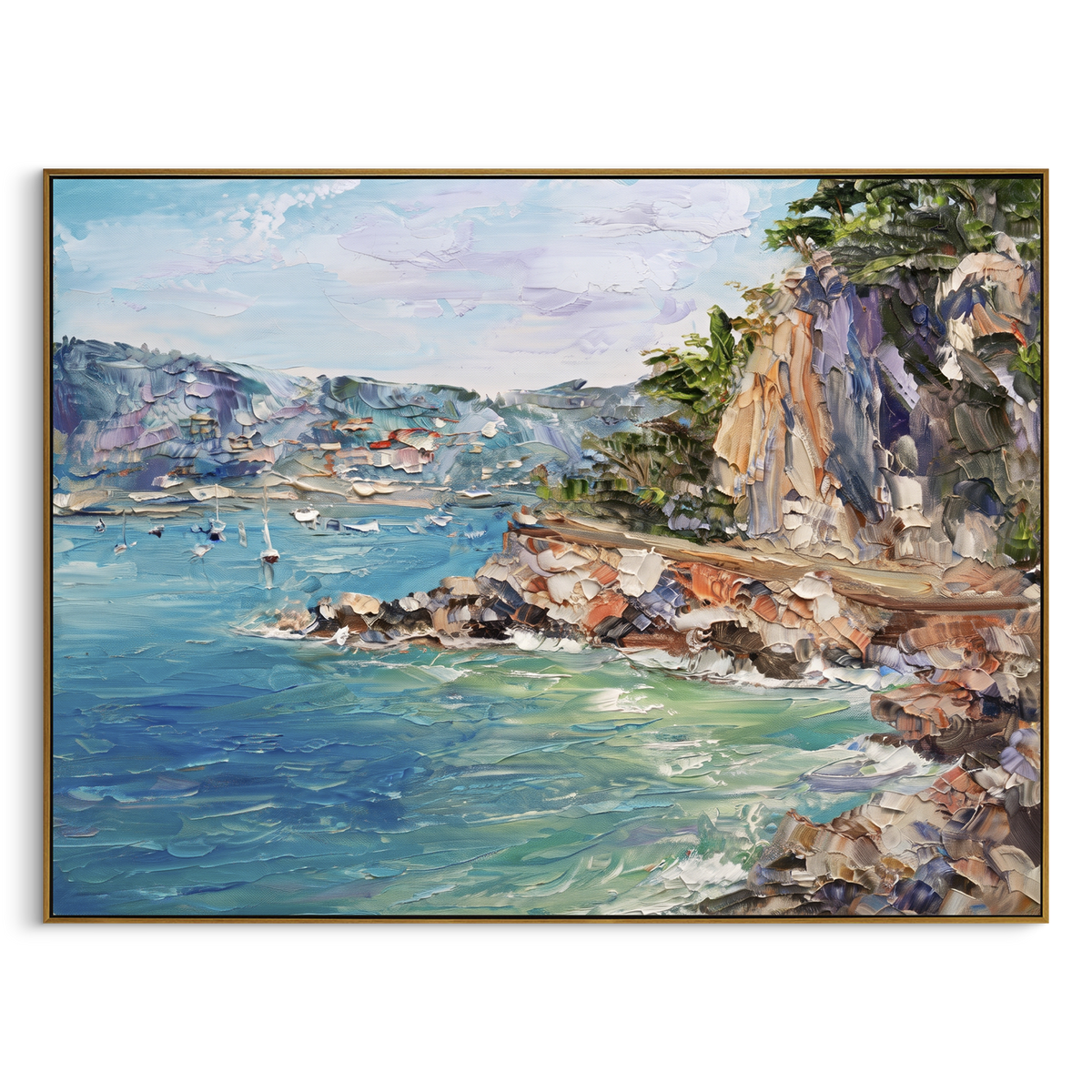 "Amalfi Cliff Coast Study Painting" focuses on atmosphere, surface movement, and sculptural heavy impasto craftsmanship rather than a fixed literal storyline. The composition uses this hand-painted Mediterranean canvas features steep coastal cliffs, hillside village, deep blue water, floral foreground, textured sky, built with raised palette-knife texture, layered brushwork, and luminous coastal color as the visual anchor, while layered palette-knife paint, raised plaster-like texture, and