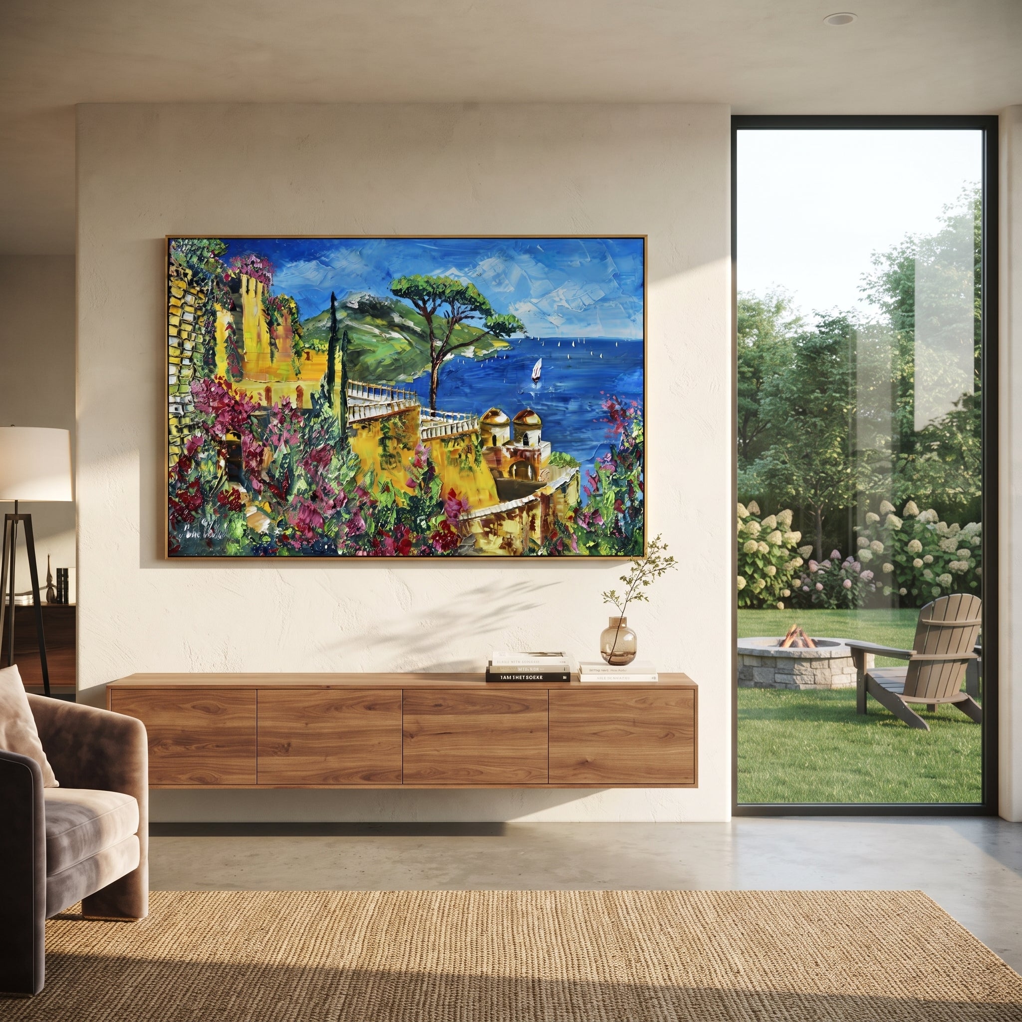 "Sailing Coast Garden Coastal with Sailboats Painting" focuses on atmosphere, surface movement, and sculptural heavy impasto craftsmanship rather than a fixed literal storyline. The composition uses this hand-painted Mediterranean canvas features sailboats on a blue bay, flowering terrace, coastal town and luminous summer sky, built with raised palette-knife texture, layered brushwork, and luminous coastal color as the visual anchor, while layered palette-knife paint, raised plaster-like