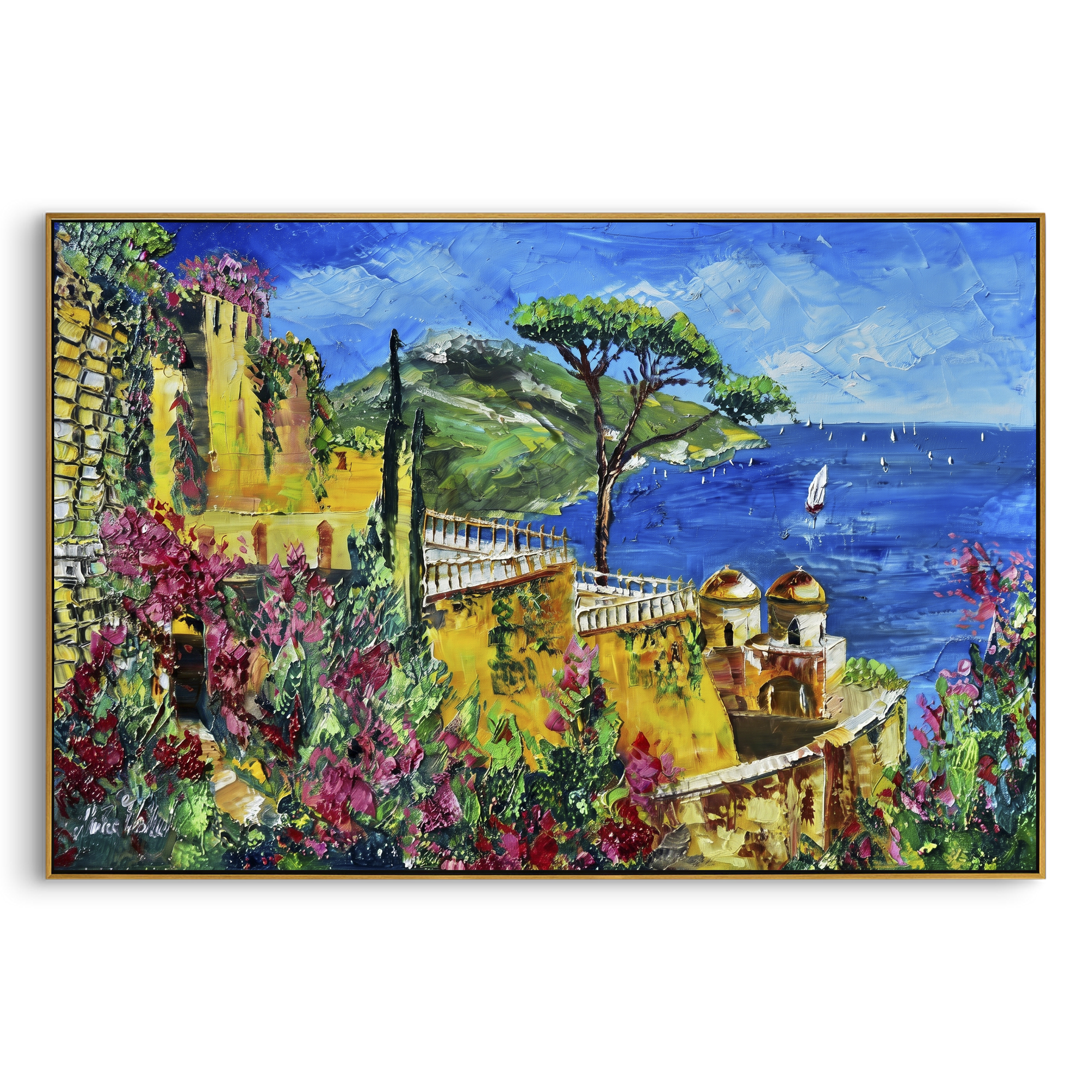 "Sailing Coast Garden Coastal with Sailboats Painting" focuses on atmosphere, surface movement, and sculptural heavy impasto craftsmanship rather than a fixed literal storyline. The composition uses this hand-painted Mediterranean canvas features sailboats on a blue bay, flowering terrace, coastal town and luminous summer sky, built with raised palette-knife texture, layered brushwork, and luminous coastal color as the visual anchor, while layered palette-knife paint, raised plaster-like