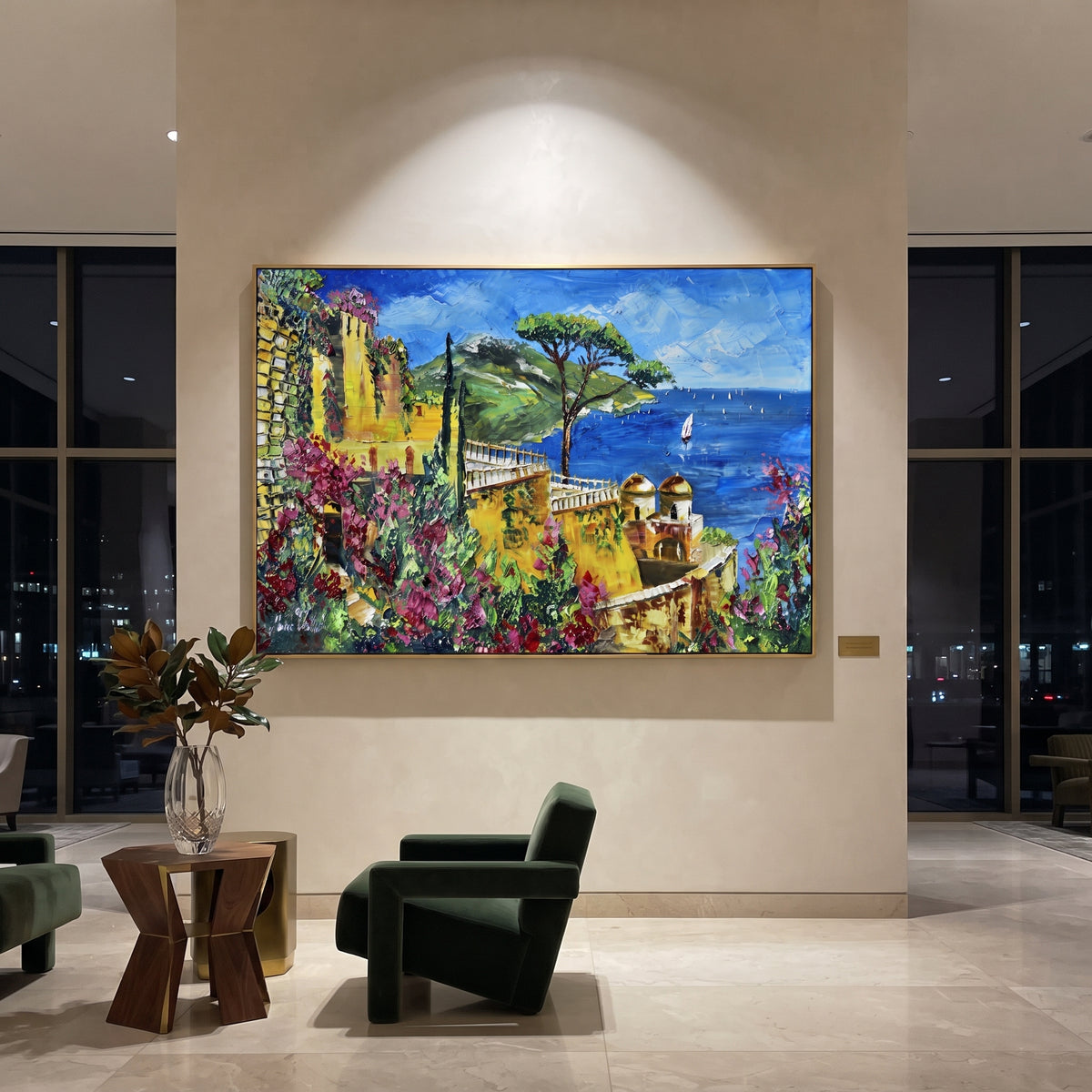 "Sailing Coast Garden Coastal with Sailboats Painting" focuses on atmosphere, surface movement, and sculptural heavy impasto craftsmanship rather than a fixed literal storyline. The composition uses this hand-painted Mediterranean canvas features sailboats on a blue bay, flowering terrace, coastal town and luminous summer sky, built with raised palette-knife texture, layered brushwork, and luminous coastal color as the visual anchor, while layered palette-knife paint, raised plaster-like