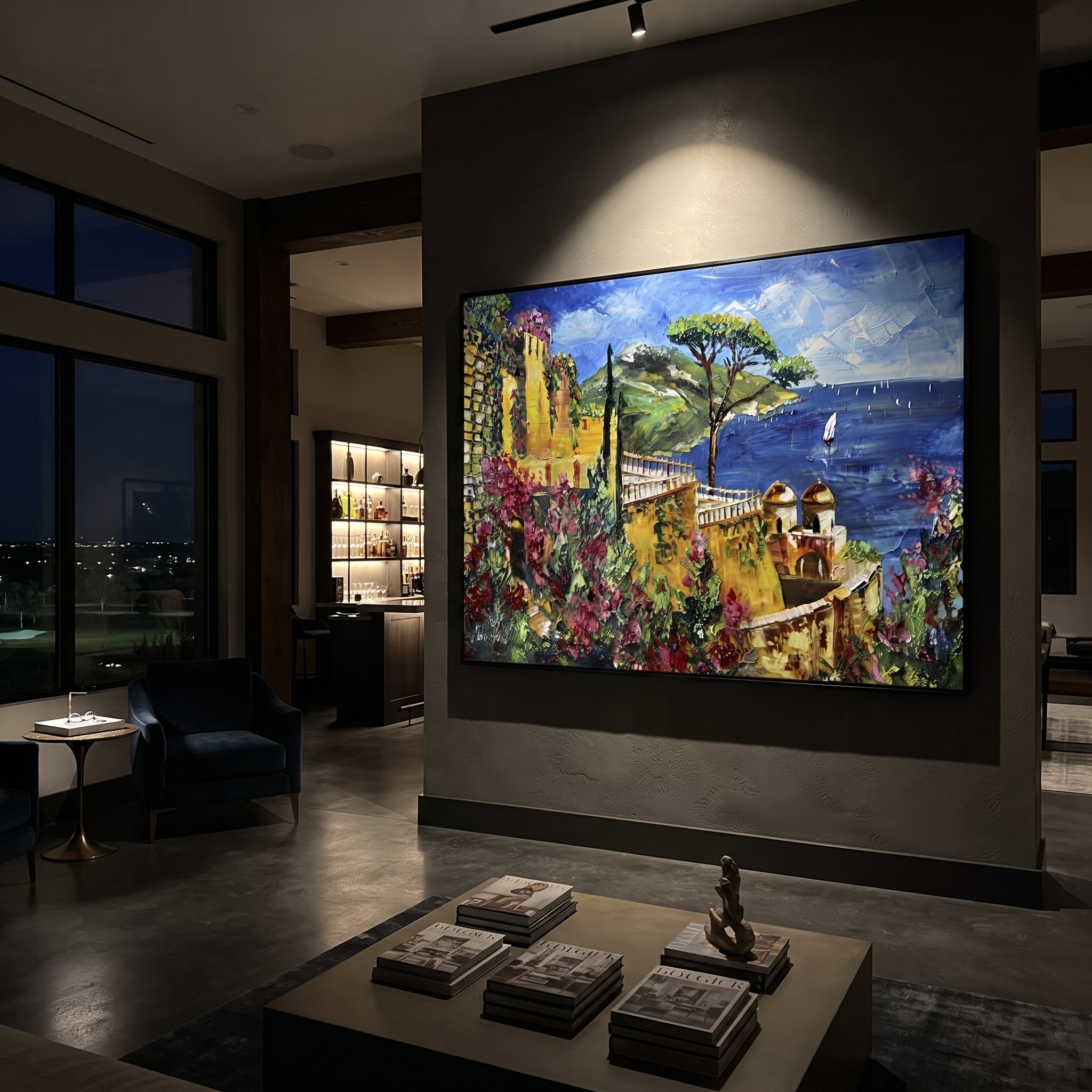 "Sailing Coast Garden Coastal with Sailboats Painting" focuses on atmosphere, surface movement, and sculptural heavy impasto craftsmanship rather than a fixed literal storyline. The composition uses this hand-painted Mediterranean canvas features sailboats on a blue bay, flowering terrace, coastal town and luminous summer sky, built with raised palette-knife texture, layered brushwork, and luminous coastal color as the visual anchor, while layered palette-knife paint, raised plaster-like