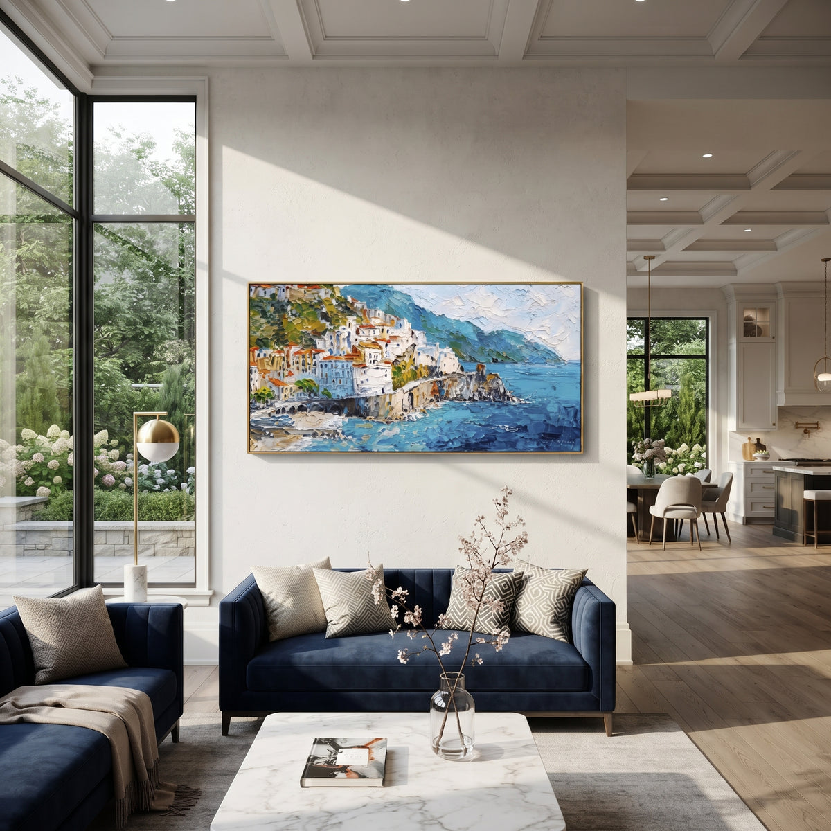 "Bright Coastal Town Painting" focuses on atmosphere, surface movement, and sculptural heavy impasto craftsmanship rather than a fixed literal storyline. The composition uses this hand-painted Mediterranean canvas features stacked pastel buildings on seaside cliffs, boats below, bright impasto coastal color, built with raised palette-knife texture, layered brushwork, and luminous coastal color as the visual anchor, while layered palette-knife paint, raised plaster-like texture, and softened