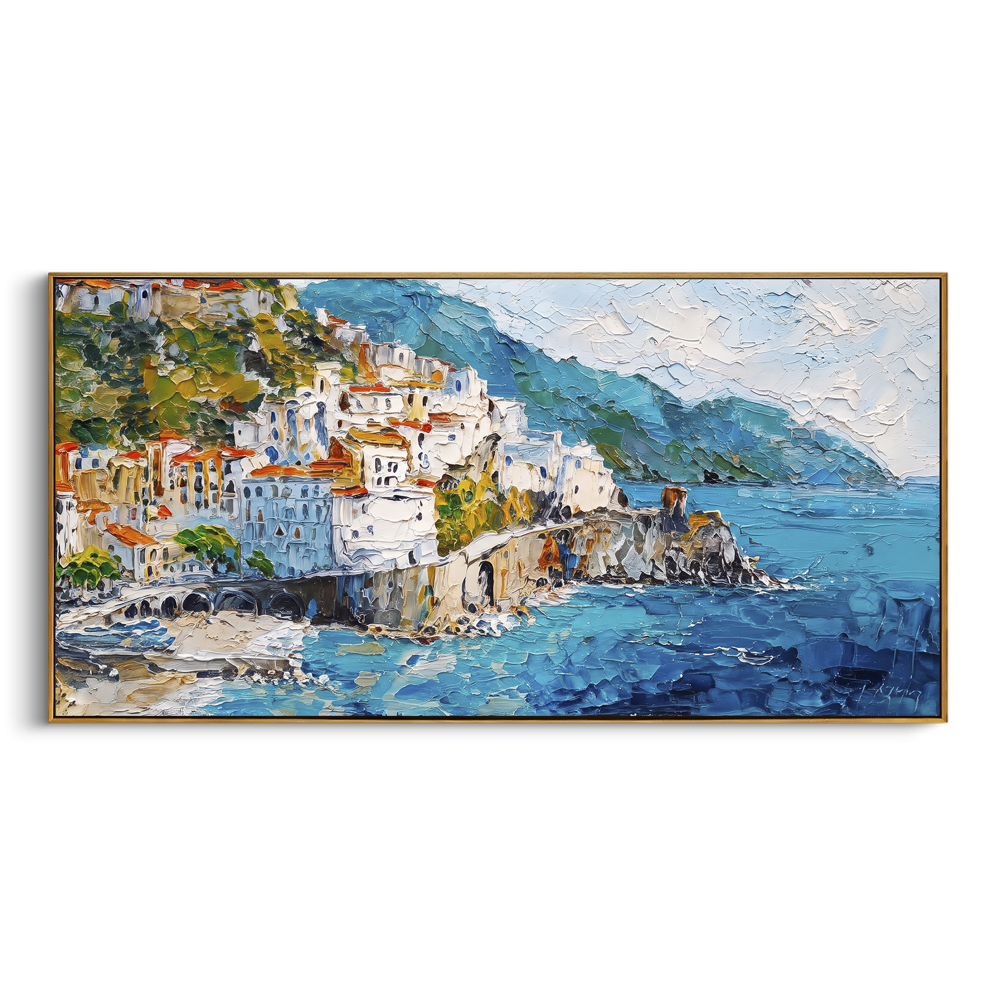 "Bright Coastal Town Painting" focuses on atmosphere, surface movement, and sculptural heavy impasto craftsmanship rather than a fixed literal storyline. The composition uses this hand-painted Mediterranean canvas features stacked pastel buildings on seaside cliffs, boats below, bright impasto coastal color, built with raised palette-knife texture, layered brushwork, and luminous coastal color as the visual anchor, while layered palette-knife paint, raised plaster-like texture, and softened