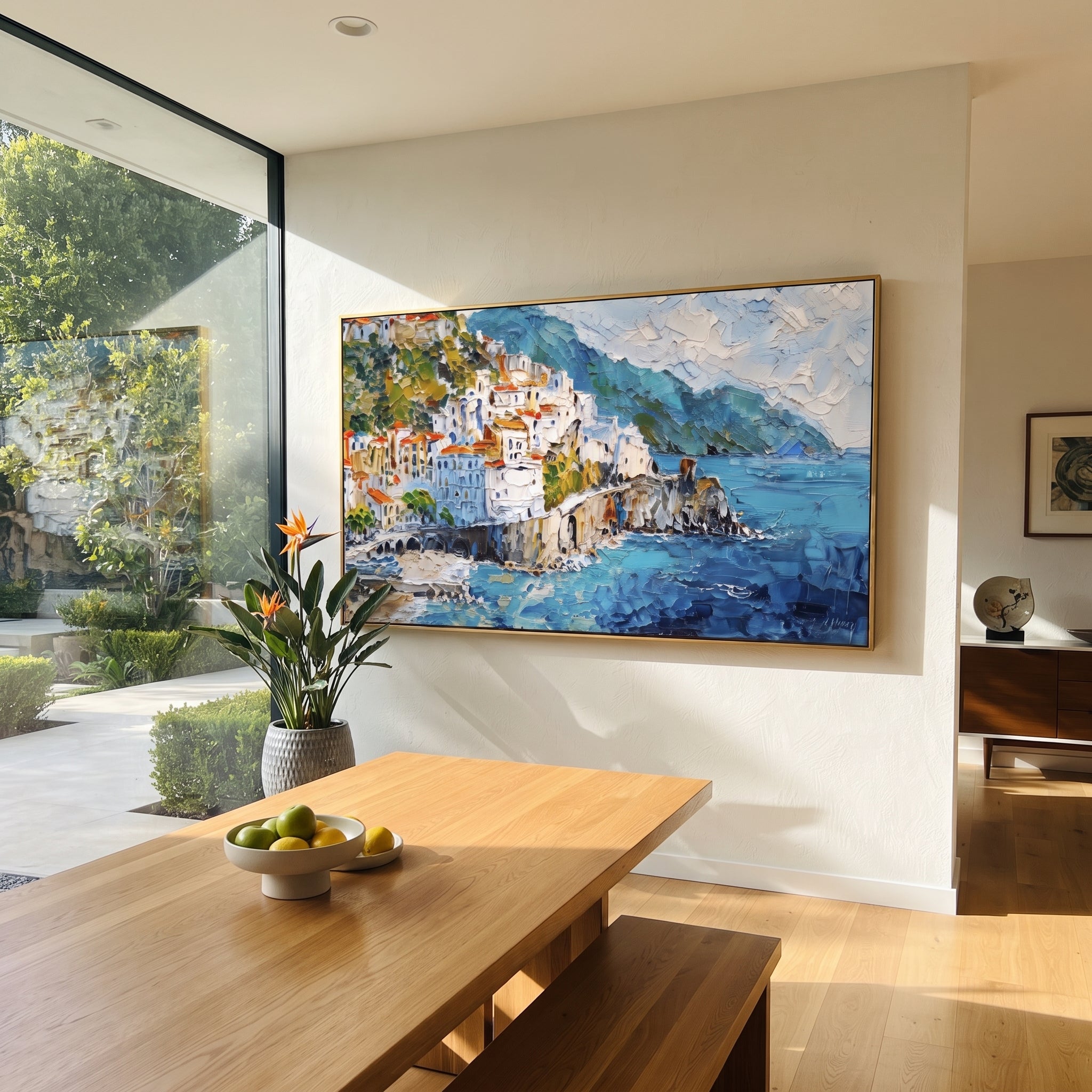 "Bright Coastal Town Painting" focuses on atmosphere, surface movement, and sculptural heavy impasto craftsmanship rather than a fixed literal storyline. The composition uses this hand-painted Mediterranean canvas features stacked pastel buildings on seaside cliffs, boats below, bright impasto coastal color, built with raised palette-knife texture, layered brushwork, and luminous coastal color as the visual anchor, while layered palette-knife paint, raised plaster-like texture, and softened