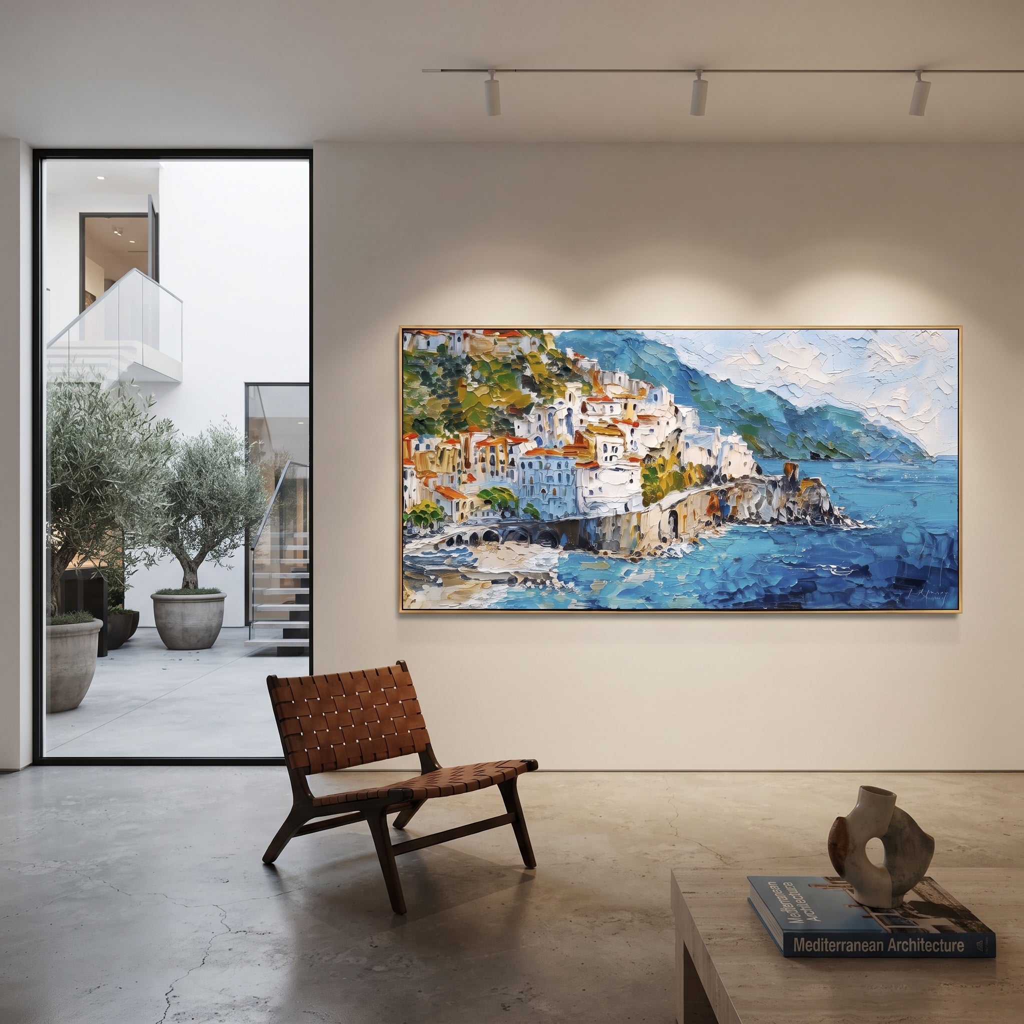 "Bright Coastal Town Painting" focuses on atmosphere, surface movement, and sculptural heavy impasto craftsmanship rather than a fixed literal storyline. The composition uses this hand-painted Mediterranean canvas features stacked pastel buildings on seaside cliffs, boats below, bright impasto coastal color, built with raised palette-knife texture, layered brushwork, and luminous coastal color as the visual anchor, while layered palette-knife paint, raised plaster-like texture, and softened