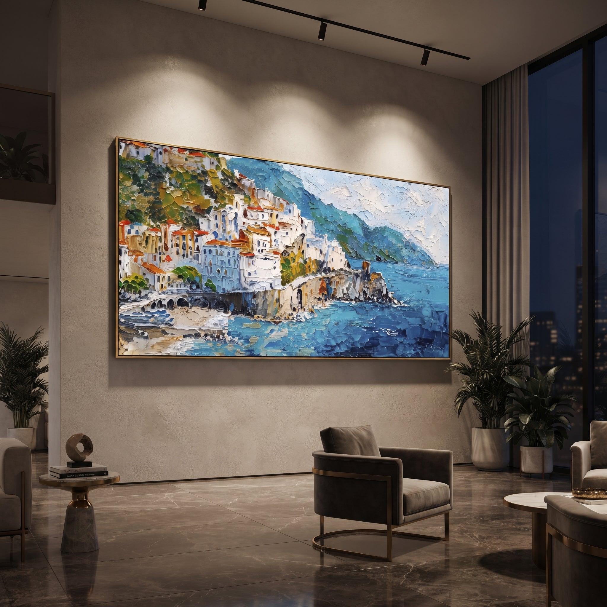 "Bright Coastal Town Painting" focuses on atmosphere, surface movement, and sculptural heavy impasto craftsmanship rather than a fixed literal storyline. The composition uses this hand-painted Mediterranean canvas features stacked pastel buildings on seaside cliffs, boats below, bright impasto coastal color, built with raised palette-knife texture, layered brushwork, and luminous coastal color as the visual anchor, while layered palette-knife paint, raised plaster-like texture, and softened