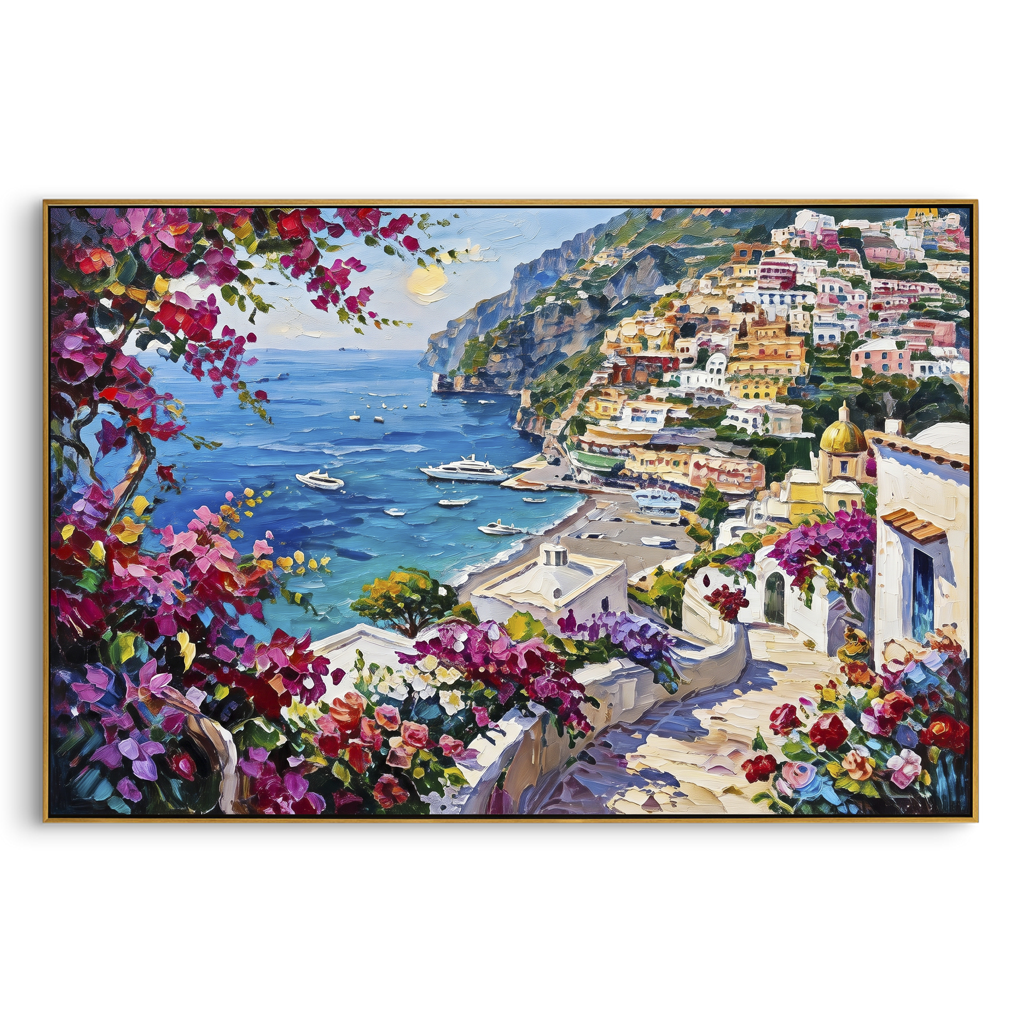 "Blue Cliffside Bay Study Painting" focuses on atmosphere, surface movement, and sculptural heavy impasto craftsmanship rather than a fixed literal storyline. The composition uses this hand-painted Mediterranean canvas features steep coastal cliffs, hillside village, deep blue water, floral foreground, textured sky, built with raised palette-knife texture, layered brushwork, and luminous coastal color as the visual anchor, while layered palette-knife paint, raised plaster-like texture, and