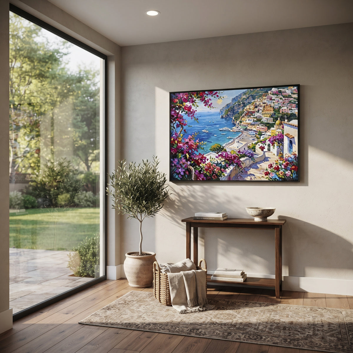"Blue Cliffside Bay Study Painting" focuses on atmosphere, surface movement, and sculptural heavy impasto craftsmanship rather than a fixed literal storyline. The composition uses this hand-painted Mediterranean canvas features steep coastal cliffs, hillside village, deep blue water, floral foreground, textured sky, built with raised palette-knife texture, layered brushwork, and luminous coastal color as the visual anchor, while layered palette-knife paint, raised plaster-like texture, and
