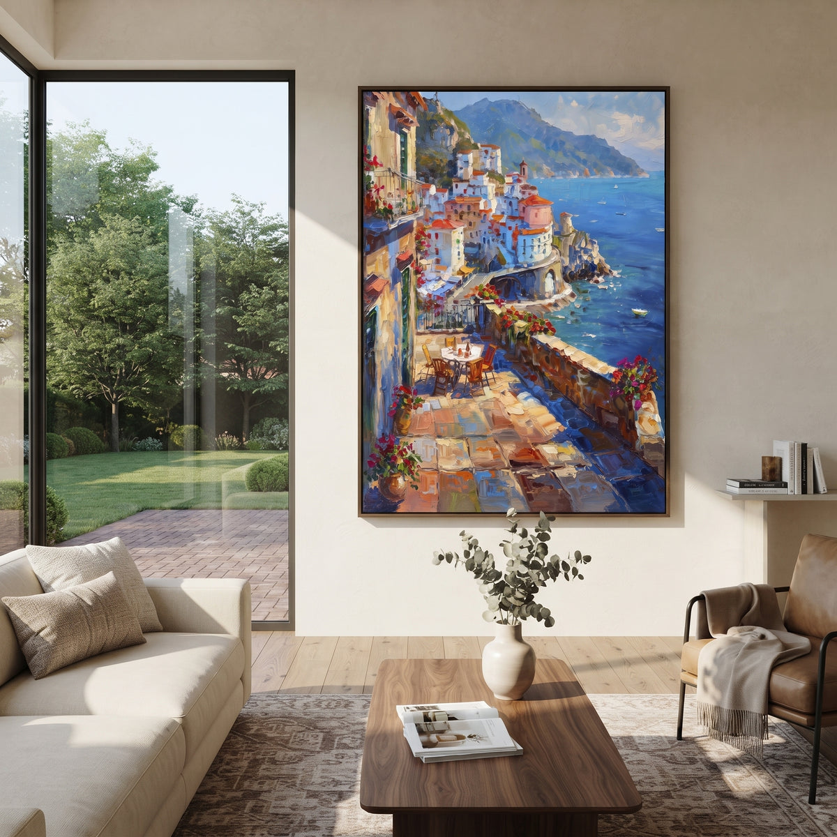 "Terracotta Village Lane Painting" focuses on atmosphere, surface movement, and sculptural heavy impasto craftsmanship rather than a fixed literal storyline. The composition uses this hand-painted Mediterranean canvas features white Mediterranean alley, terracotta roofs, potted flowers, distant sea and mountain light, built with raised palette-knife texture, layered brushwork, and luminous coastal color as the visual anchor, while layered palette-knife paint, raised plaster-like texture, and