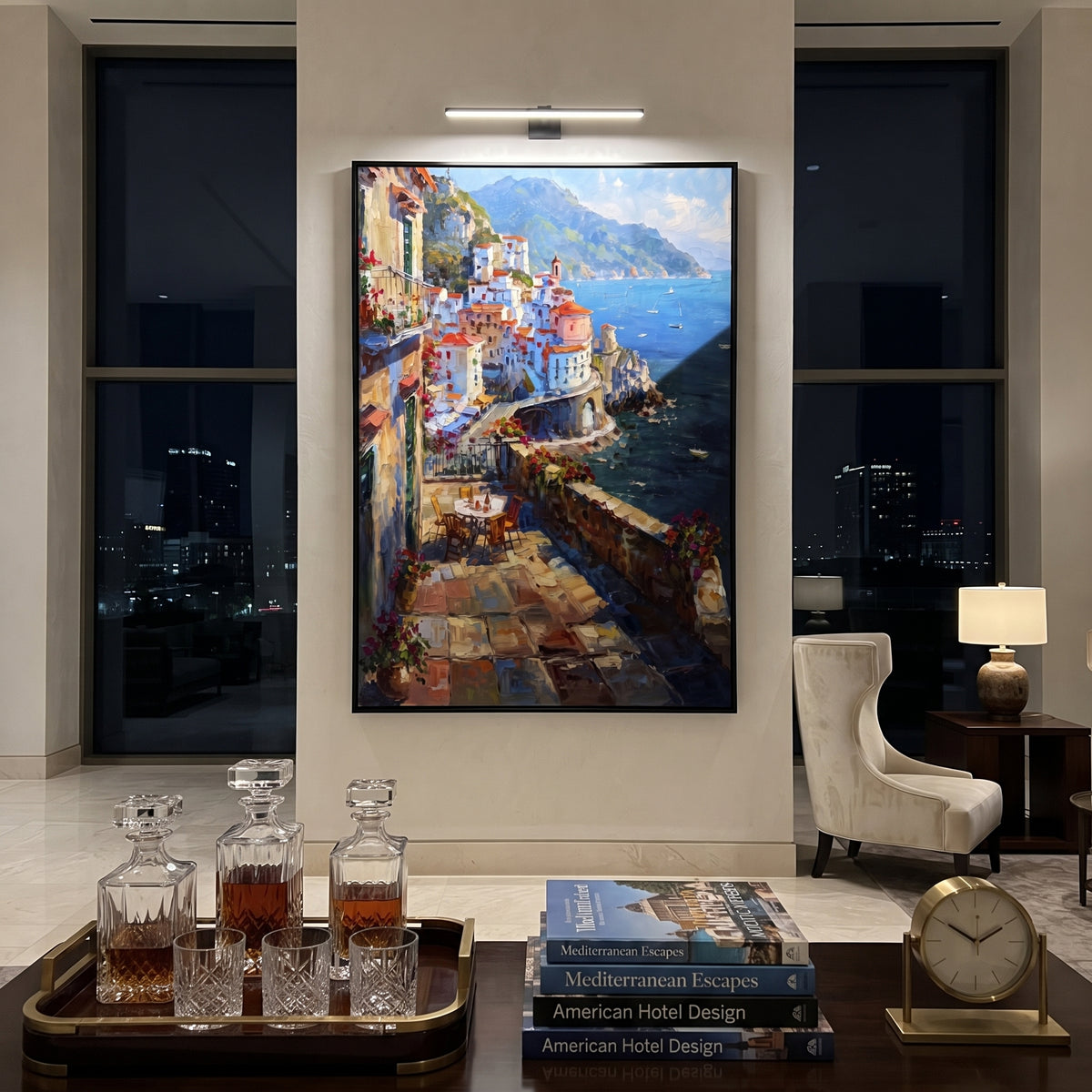 "Terracotta Village Lane Painting" focuses on atmosphere, surface movement, and sculptural heavy impasto craftsmanship rather than a fixed literal storyline. The composition uses this hand-painted Mediterranean canvas features white Mediterranean alley, terracotta roofs, potted flowers, distant sea and mountain light, built with raised palette-knife texture, layered brushwork, and luminous coastal color as the visual anchor, while layered palette-knife paint, raised plaster-like texture, and