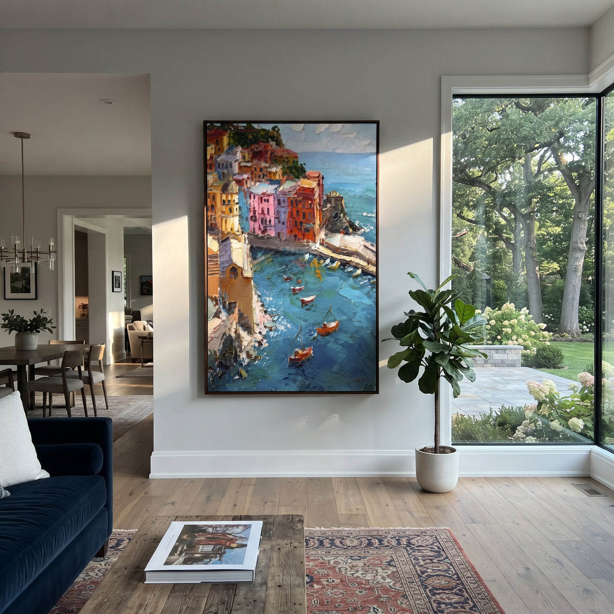 "Sailing Coast Garden Coastal with Bougainvillea Painting" focuses on atmosphere, surface movement, and sculptural heavy impasto craftsmanship rather than a fixed literal storyline. The composition uses this hand-painted Mediterranean canvas features sailboats on a blue bay, flowering terrace, coastal town and luminous summer sky, built with raised palette-knife texture, layered brushwork, and luminous coastal color as the visual anchor, while layered palette-knife paint, raised plaster-like