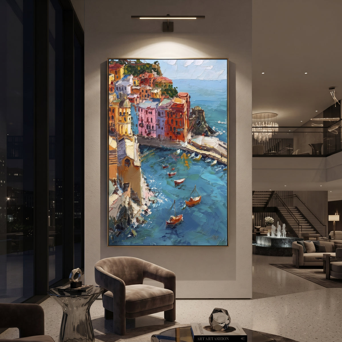 "Sailing Coast Garden Coastal with Bougainvillea Painting" focuses on atmosphere, surface movement, and sculptural heavy impasto craftsmanship rather than a fixed literal storyline. The composition uses this hand-painted Mediterranean canvas features sailboats on a blue bay, flowering terrace, coastal town and luminous summer sky, built with raised palette-knife texture, layered brushwork, and luminous coastal color as the visual anchor, while layered palette-knife paint, raised plaster-like