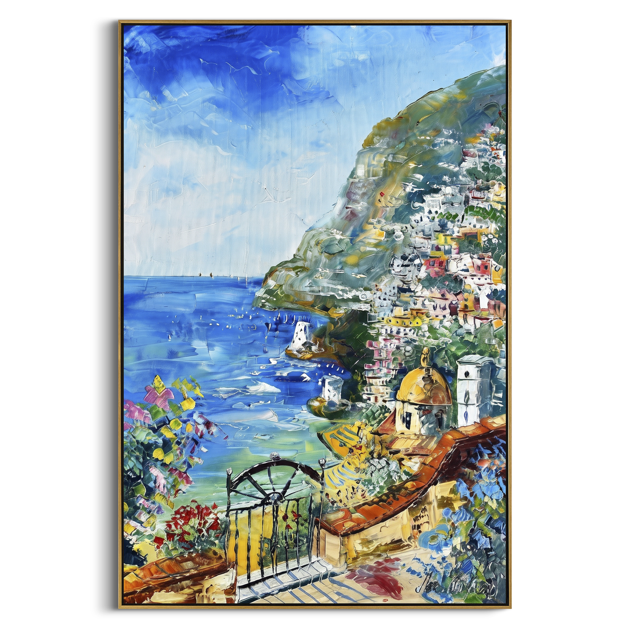 "Mountain Coast Harbor Painting" focuses on atmosphere, surface movement, and sculptural heavy impasto craftsmanship rather than a fixed literal storyline. The composition uses this hand-painted Mediterranean canvas features coastal mountains, small village rooftops, winding shore, blue bay and garden accents, built with raised palette-knife texture, layered brushwork, and luminous coastal color as the visual anchor, while layered palette-knife paint, raised plaster-like texture, and softened