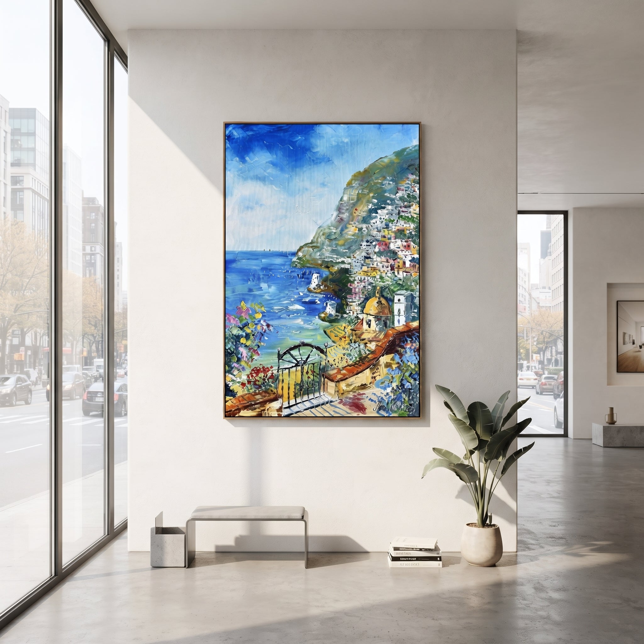"Mountain Coast Harbor Painting" focuses on atmosphere, surface movement, and sculptural heavy impasto craftsmanship rather than a fixed literal storyline. The composition uses this hand-painted Mediterranean canvas features coastal mountains, small village rooftops, winding shore, blue bay and garden accents, built with raised palette-knife texture, layered brushwork, and luminous coastal color as the visual anchor, while layered palette-knife paint, raised plaster-like texture, and softened