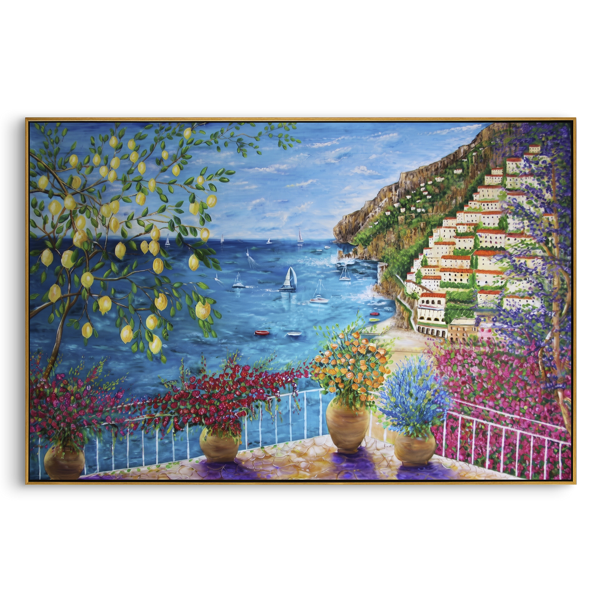 "Sunny Shutter Sea Painting" focuses on atmosphere, surface movement, and sculptural heavy impasto craftsmanship rather than a fixed literal storyline. The composition uses this hand-painted Mediterranean canvas features open blue shutters, lemon branches, calm sea view, bright white wall and terrace light, built with raised palette-knife texture, layered brushwork, and luminous coastal color as the visual anchor, while layered palette-knife paint, raised plaster-like texture, and softened brush