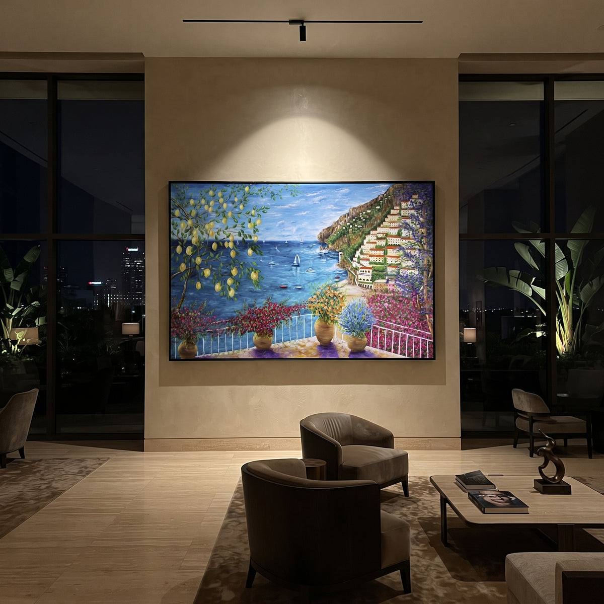 "Sunny Shutter Sea Painting" focuses on atmosphere, surface movement, and sculptural heavy impasto craftsmanship rather than a fixed literal storyline. The composition uses this hand-painted Mediterranean canvas features open blue shutters, lemon branches, calm sea view, bright white wall and terrace light, built with raised palette-knife texture, layered brushwork, and luminous coastal color as the visual anchor, while layered palette-knife paint, raised plaster-like texture, and softened brush