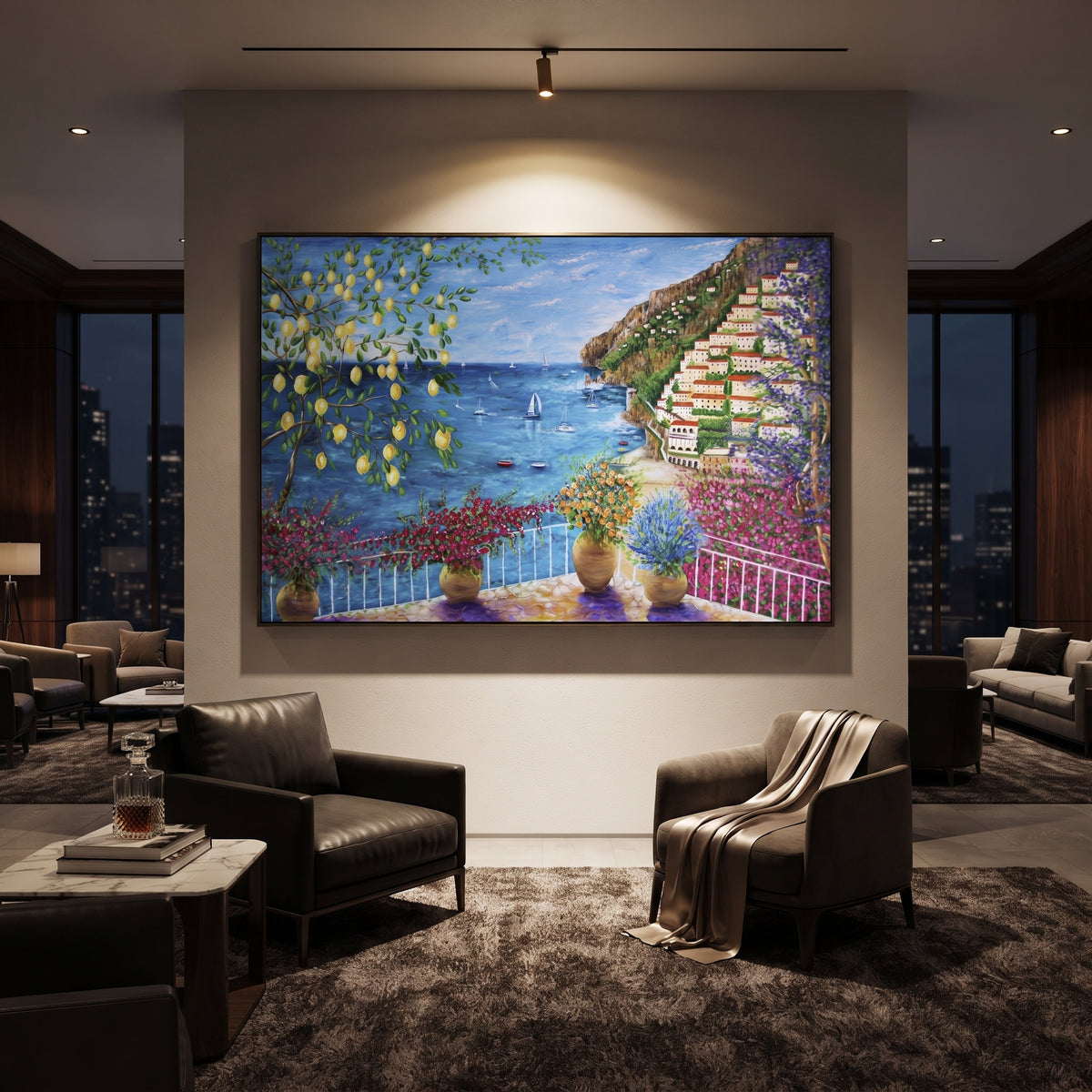 "Sunny Shutter Sea Painting" focuses on atmosphere, surface movement, and sculptural heavy impasto craftsmanship rather than a fixed literal storyline. The composition uses this hand-painted Mediterranean canvas features open blue shutters, lemon branches, calm sea view, bright white wall and terrace light, built with raised palette-knife texture, layered brushwork, and luminous coastal color as the visual anchor, while layered palette-knife paint, raised plaster-like texture, and softened brush