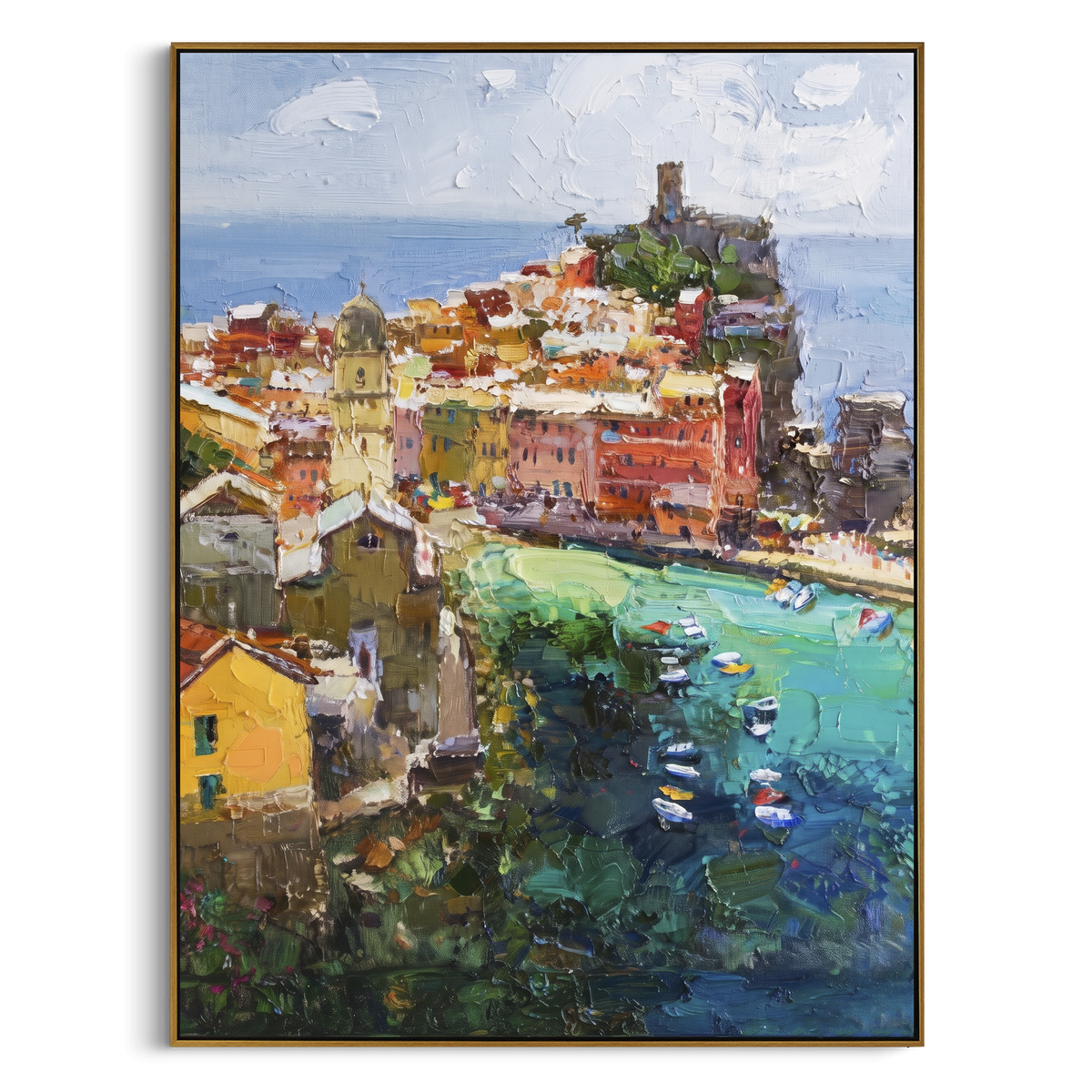 "Coastal Mountain Village Study Painting" focuses on atmosphere, surface movement, and sculptural heavy impasto craftsmanship rather than a fixed literal storyline. The composition uses this hand-painted Mediterranean canvas features steep coastal cliffs, hillside village, deep blue water, floral foreground, textured sky, built with raised palette-knife texture, layered brushwork, and luminous coastal color as the visual anchor, while layered palette-knife paint, raised plaster-like texture, and