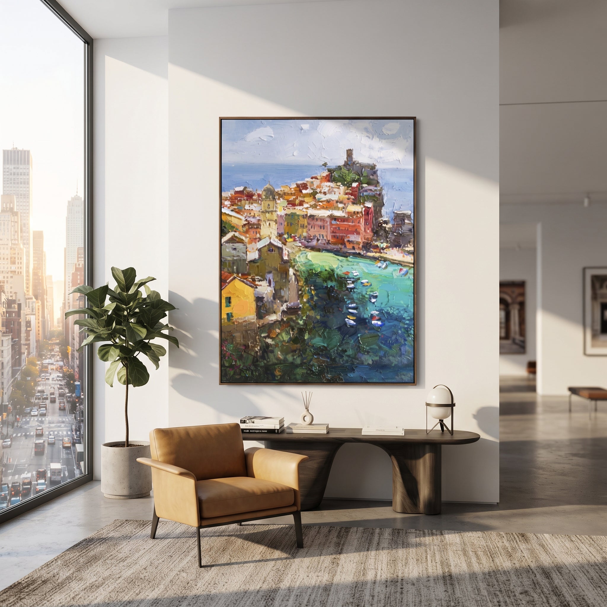 "Coastal Mountain Village Study Painting" focuses on atmosphere, surface movement, and sculptural heavy impasto craftsmanship rather than a fixed literal storyline. The composition uses this hand-painted Mediterranean canvas features steep coastal cliffs, hillside village, deep blue water, floral foreground, textured sky, built with raised palette-knife texture, layered brushwork, and luminous coastal color as the visual anchor, while layered palette-knife paint, raised plaster-like texture, and