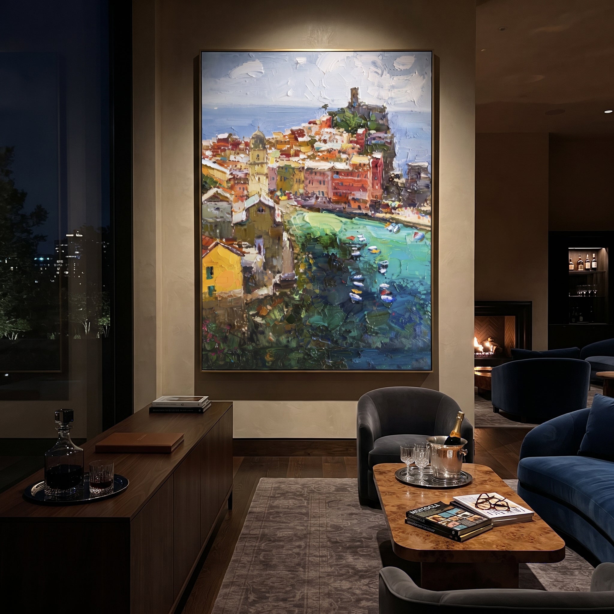 "Coastal Mountain Village Study Painting" focuses on atmosphere, surface movement, and sculptural heavy impasto craftsmanship rather than a fixed literal storyline. The composition uses this hand-painted Mediterranean canvas features steep coastal cliffs, hillside village, deep blue water, floral foreground, textured sky, built with raised palette-knife texture, layered brushwork, and luminous coastal color as the visual anchor, while layered palette-knife paint, raised plaster-like texture, and