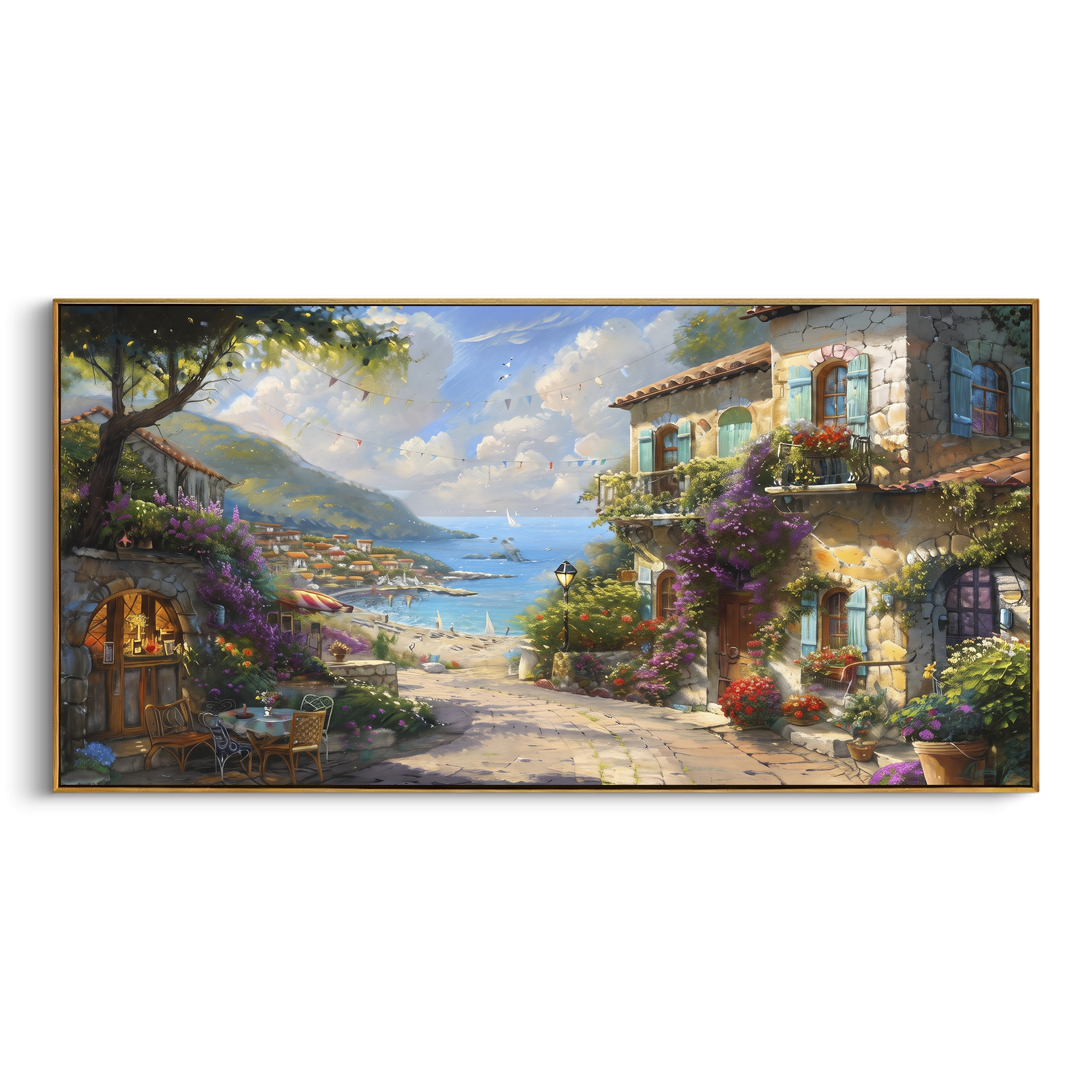 "Quiet Seaside Street Painting" focuses on atmosphere, surface movement, and sculptural heavy impasto craftsmanship rather than a fixed literal storyline. The composition uses this hand-painted Mediterranean canvas features white Mediterranean alley, terracotta roofs, potted flowers, distant sea and mountain light, built with raised palette-knife texture, layered brushwork, and luminous coastal color as the visual anchor, while layered palette-knife paint, raised plaster-like texture, and