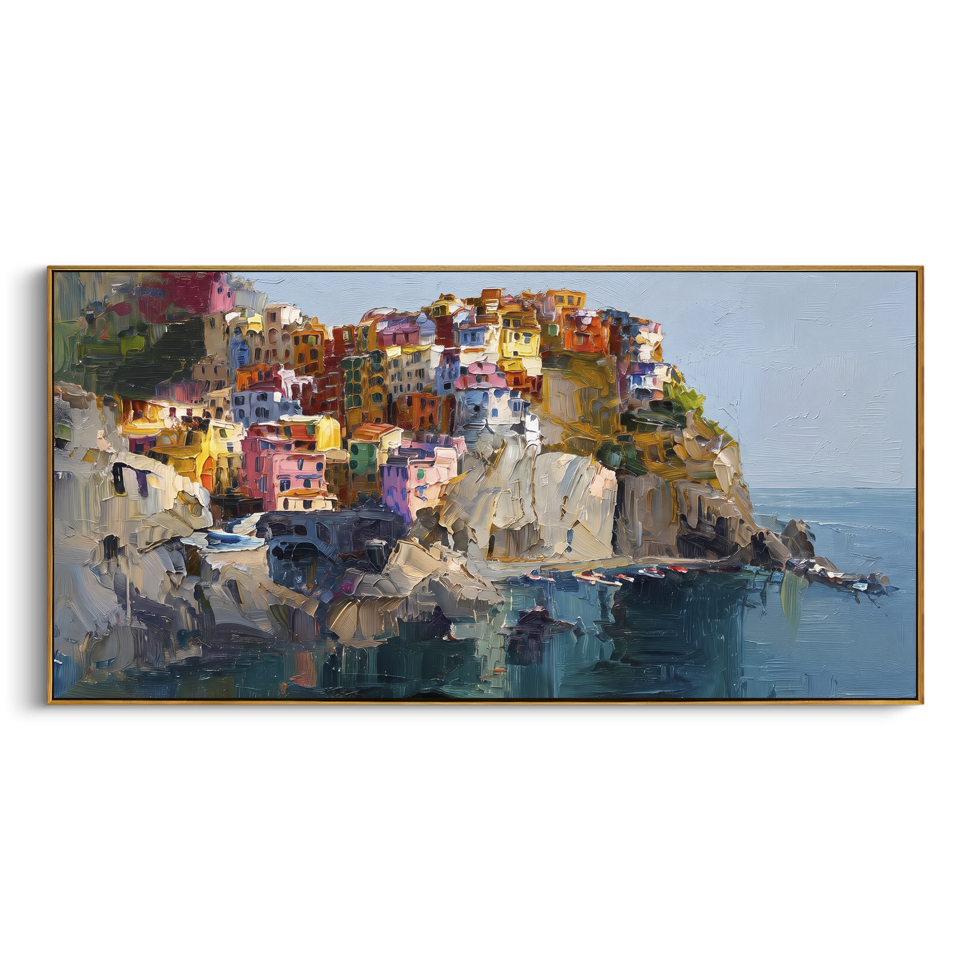 "Sunny Marina Reflections Study Painting" focuses on atmosphere, surface movement, and sculptural heavy impasto craftsmanship rather than a fixed literal storyline. The composition uses this hand-painted Mediterranean canvas features colorful waterfront houses, moored boats, shimmering blue harbor reflections, pastel sky, built with raised palette-knife texture, layered brushwork, and luminous coastal color as the visual anchor, while layered palette-knife paint, raised plaster-like texture, and