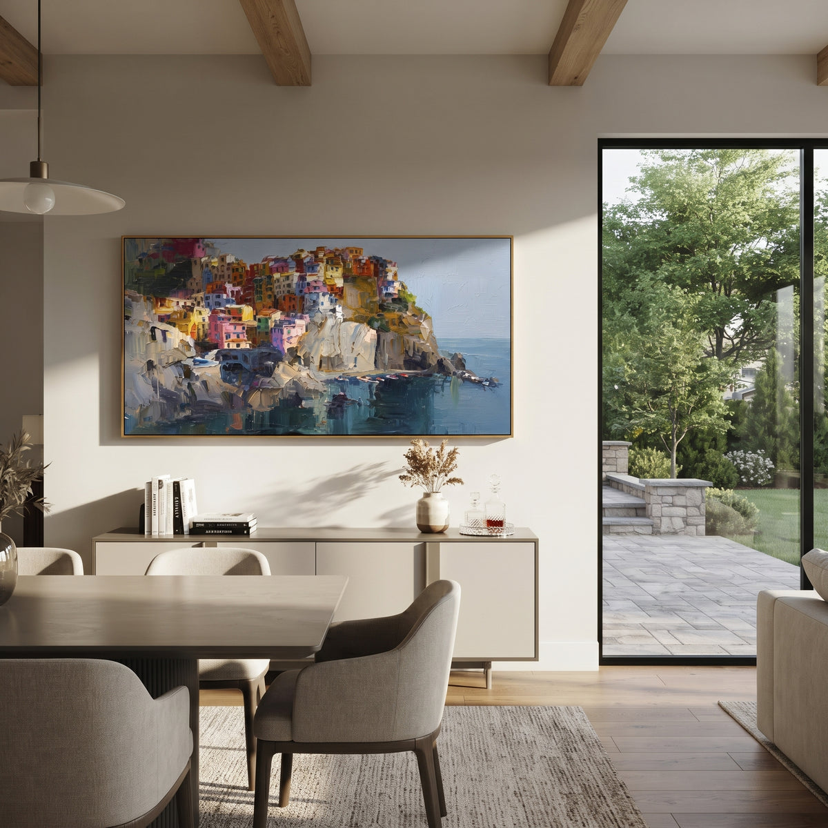 "Sunny Marina Reflections Study Painting" focuses on atmosphere, surface movement, and sculptural heavy impasto craftsmanship rather than a fixed literal storyline. The composition uses this hand-painted Mediterranean canvas features colorful waterfront houses, moored boats, shimmering blue harbor reflections, pastel sky, built with raised palette-knife texture, layered brushwork, and luminous coastal color as the visual anchor, while layered palette-knife paint, raised plaster-like texture, and
