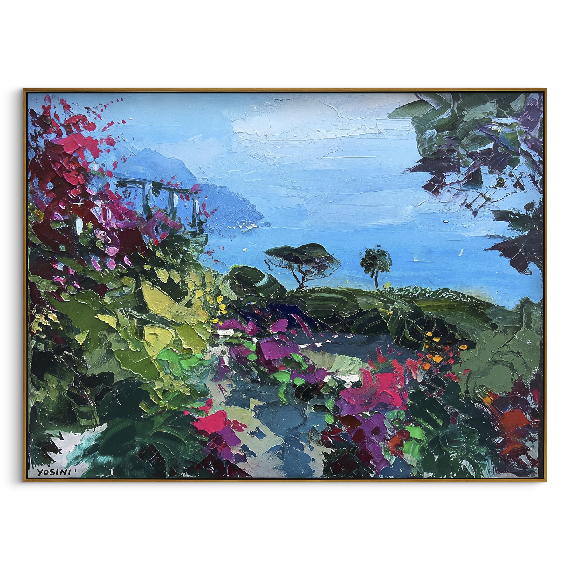 "Sailing Coast Garden Coastal with Lemon Trees Painting" focuses on atmosphere, surface movement, and sculptural heavy impasto craftsmanship rather than a fixed literal storyline. The composition uses this hand-painted Mediterranean canvas features sailboats on a blue bay, flowering terrace, coastal town and luminous summer sky, built with raised palette-knife texture, layered brushwork, and luminous coastal color as the visual anchor, while layered palette-knife paint, raised plaster-like