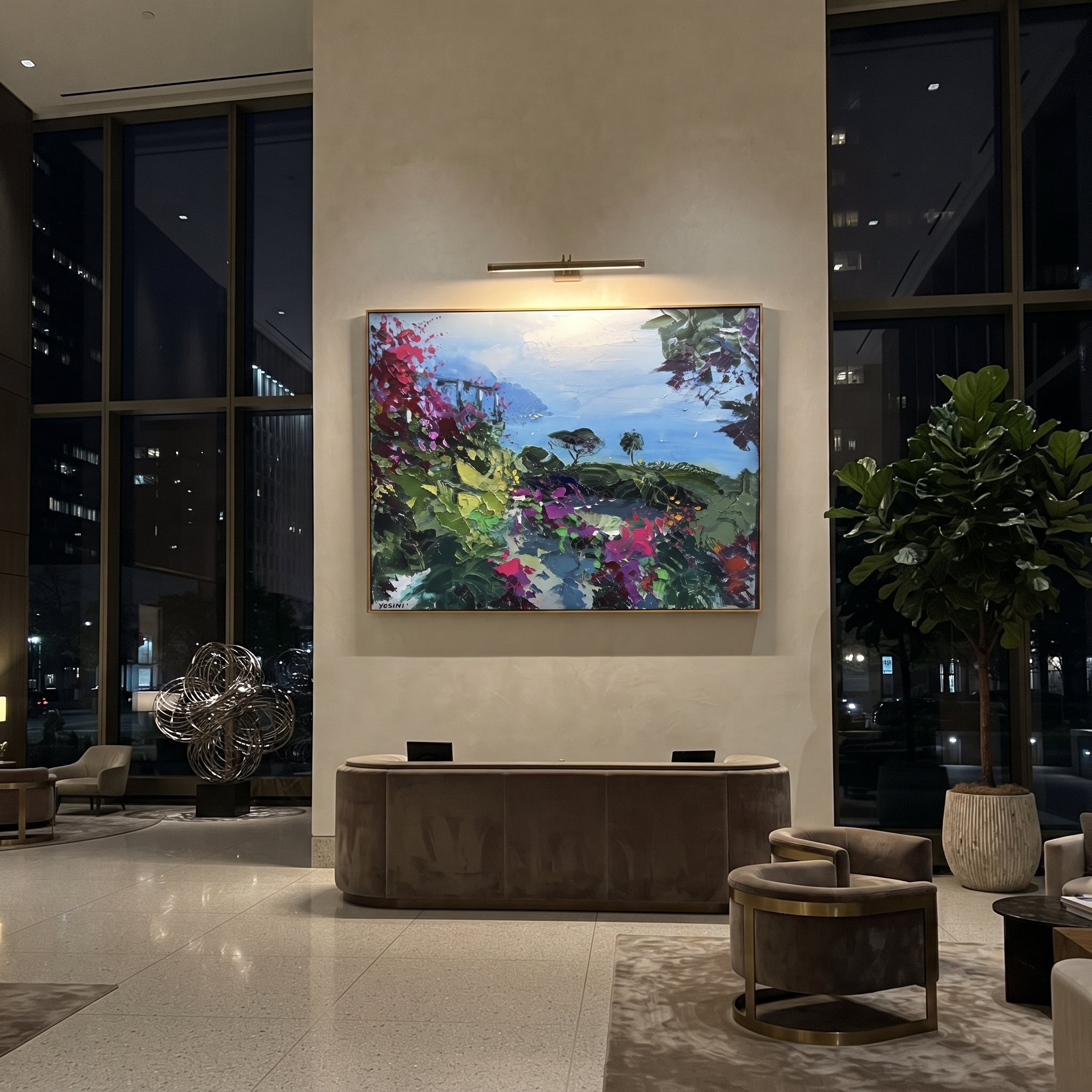 "Sailing Coast Garden Coastal with Lemon Trees Painting" focuses on atmosphere, surface movement, and sculptural heavy impasto craftsmanship rather than a fixed literal storyline. The composition uses this hand-painted Mediterranean canvas features sailboats on a blue bay, flowering terrace, coastal town and luminous summer sky, built with raised palette-knife texture, layered brushwork, and luminous coastal color as the visual anchor, while layered palette-knife paint, raised plaster-like