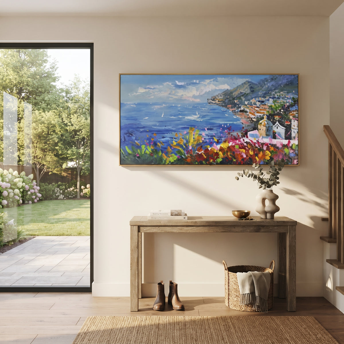 "Cliff Harbor Houses Painting" focuses on atmosphere, surface movement, and sculptural heavy impasto craftsmanship rather than a fixed literal storyline. The composition uses this hand-painted Mediterranean canvas features stacked pastel buildings on seaside cliffs, boats below, bright impasto coastal color, built with raised palette-knife texture, layered brushwork, and luminous coastal color as the visual anchor, while layered palette-knife paint, raised plaster-like texture, and softened