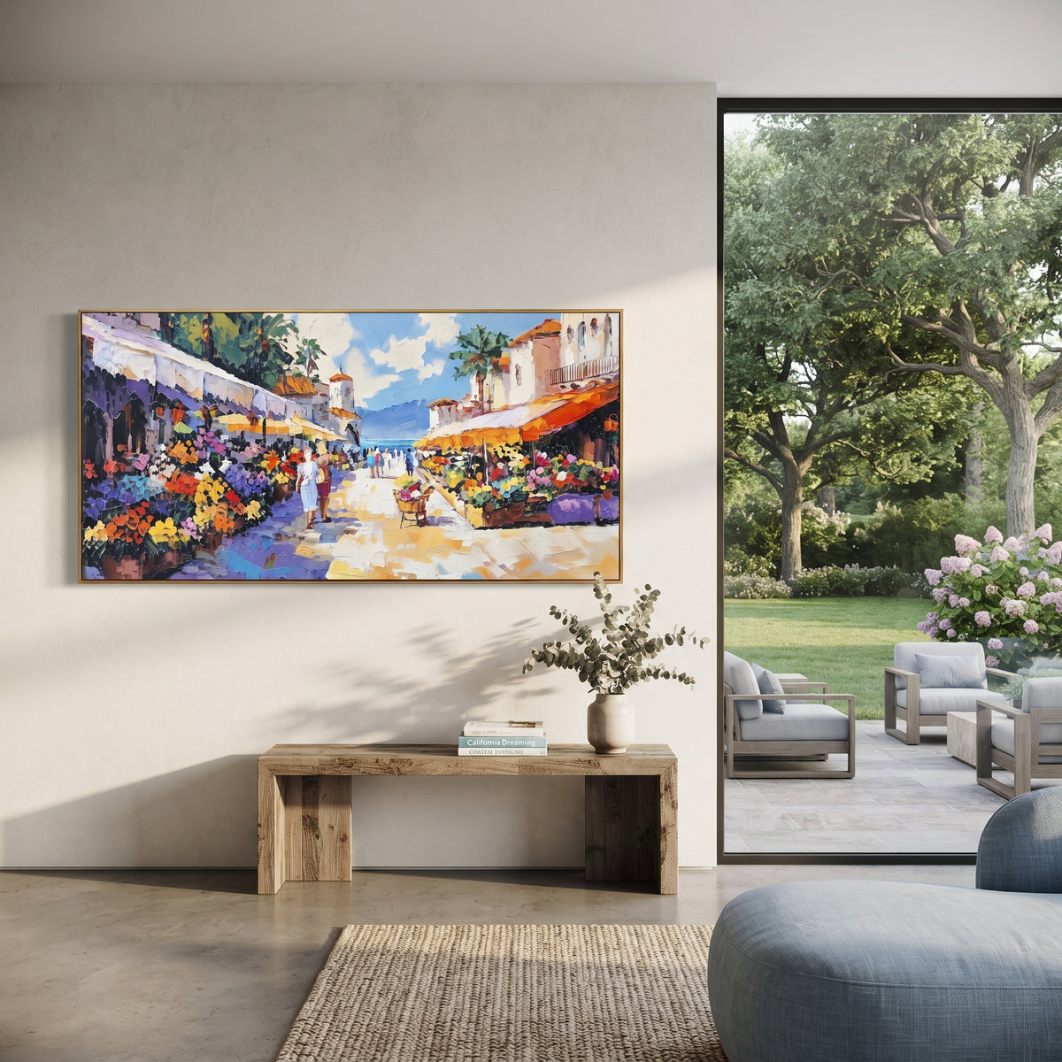 "Harbor Village Reflections Coastal Painting" focuses on atmosphere, surface movement, and sculptural heavy impasto craftsmanship rather than a fixed literal storyline. The composition uses this hand-painted Mediterranean canvas features colorful waterfront houses, moored boats, shimmering blue harbor reflections, pastel sky, built with raised palette-knife texture, layered brushwork, and luminous coastal color as the visual anchor, while layered palette-knife paint, raised plaster-like texture