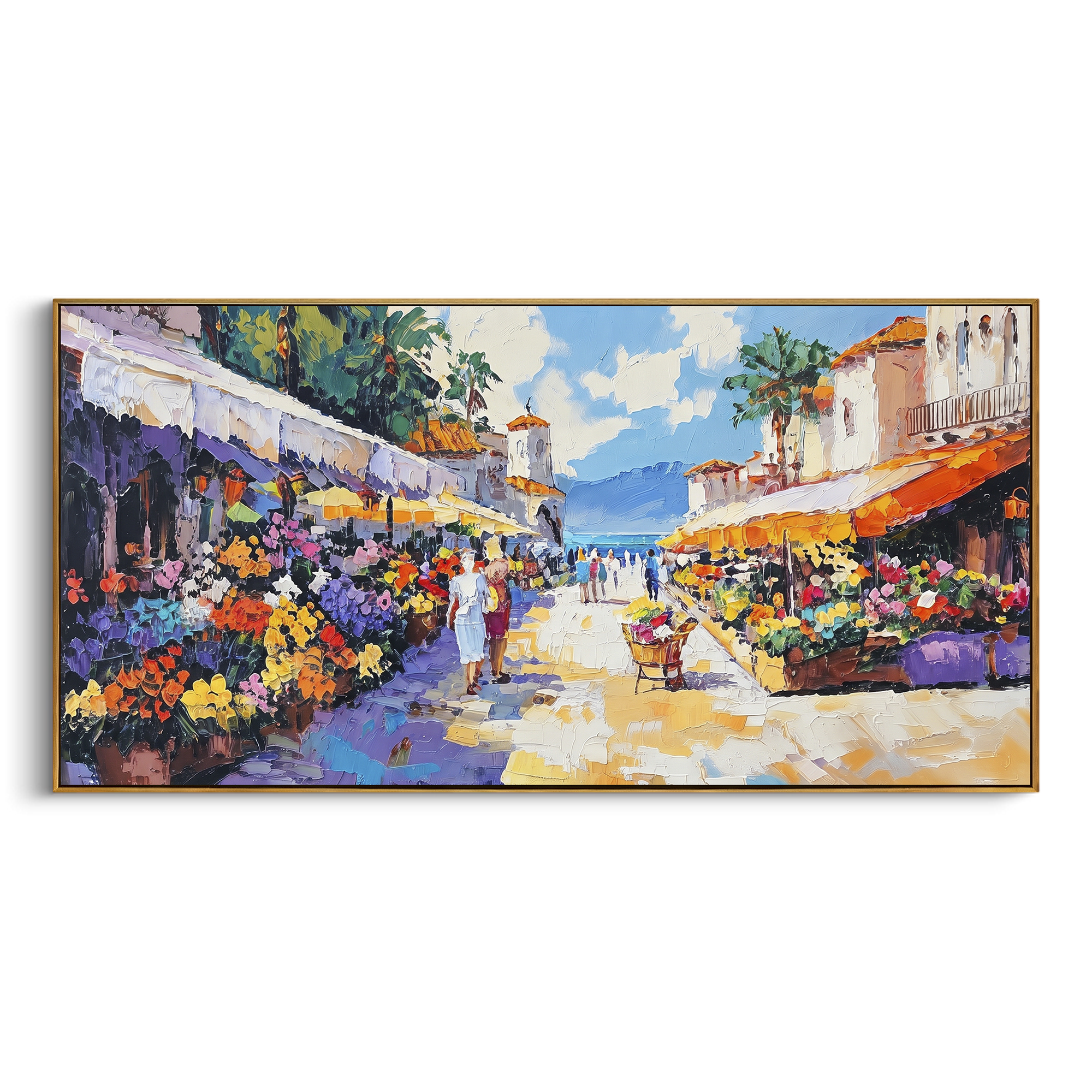 "Harbor Village Reflections Coastal Painting" focuses on atmosphere, surface movement, and sculptural heavy impasto craftsmanship rather than a fixed literal storyline. The composition uses this hand-painted Mediterranean canvas features colorful waterfront houses, moored boats, shimmering blue harbor reflections, pastel sky, built with raised palette-knife texture, layered brushwork, and luminous coastal color as the visual anchor, while layered palette-knife paint, raised plaster-like texture