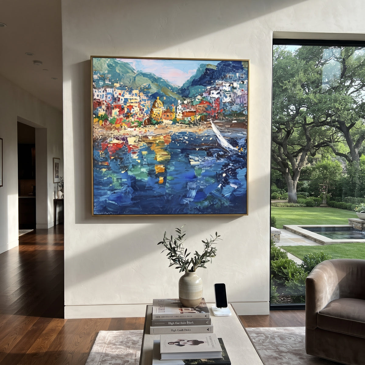 "Harbor Village Reflections Coastal with Sailboats Painting" focuses on atmosphere, surface movement, and sculptural heavy impasto craftsmanship rather than a fixed literal storyline. The composition uses this hand-painted Mediterranean canvas features colorful waterfront houses, moored boats, shimmering blue harbor reflections, pastel sky, built with raised palette-knife texture, layered brushwork, and luminous coastal color as the visual anchor, while layered palette-knife paint, raised
