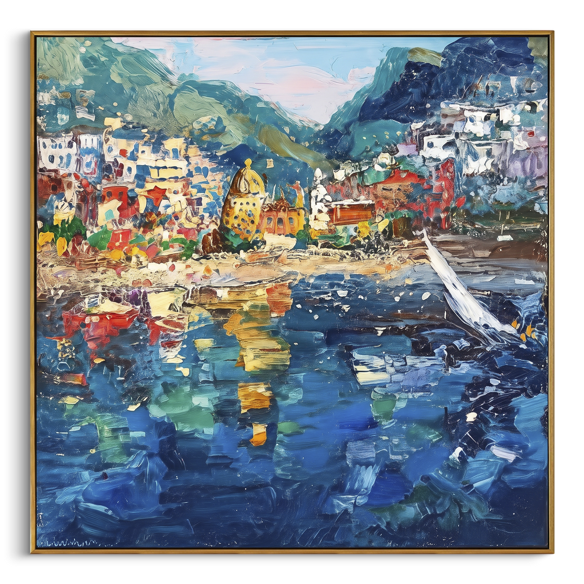 "Harbor Village Reflections Coastal with Sailboats Painting" focuses on atmosphere, surface movement, and sculptural heavy impasto craftsmanship rather than a fixed literal storyline. The composition uses this hand-painted Mediterranean canvas features colorful waterfront houses, moored boats, shimmering blue harbor reflections, pastel sky, built with raised palette-knife texture, layered brushwork, and luminous coastal color as the visual anchor, while layered palette-knife paint, raised