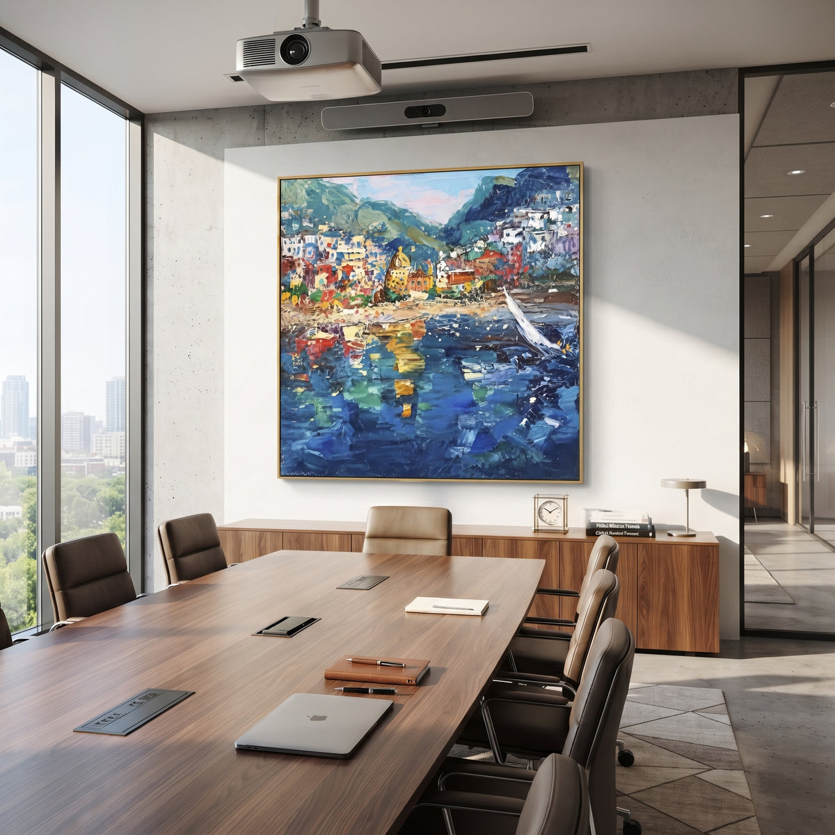 "Harbor Village Reflections Coastal with Sailboats Painting" focuses on atmosphere, surface movement, and sculptural heavy impasto craftsmanship rather than a fixed literal storyline. The composition uses this hand-painted Mediterranean canvas features colorful waterfront houses, moored boats, shimmering blue harbor reflections, pastel sky, built with raised palette-knife texture, layered brushwork, and luminous coastal color as the visual anchor, while layered palette-knife paint, raised
