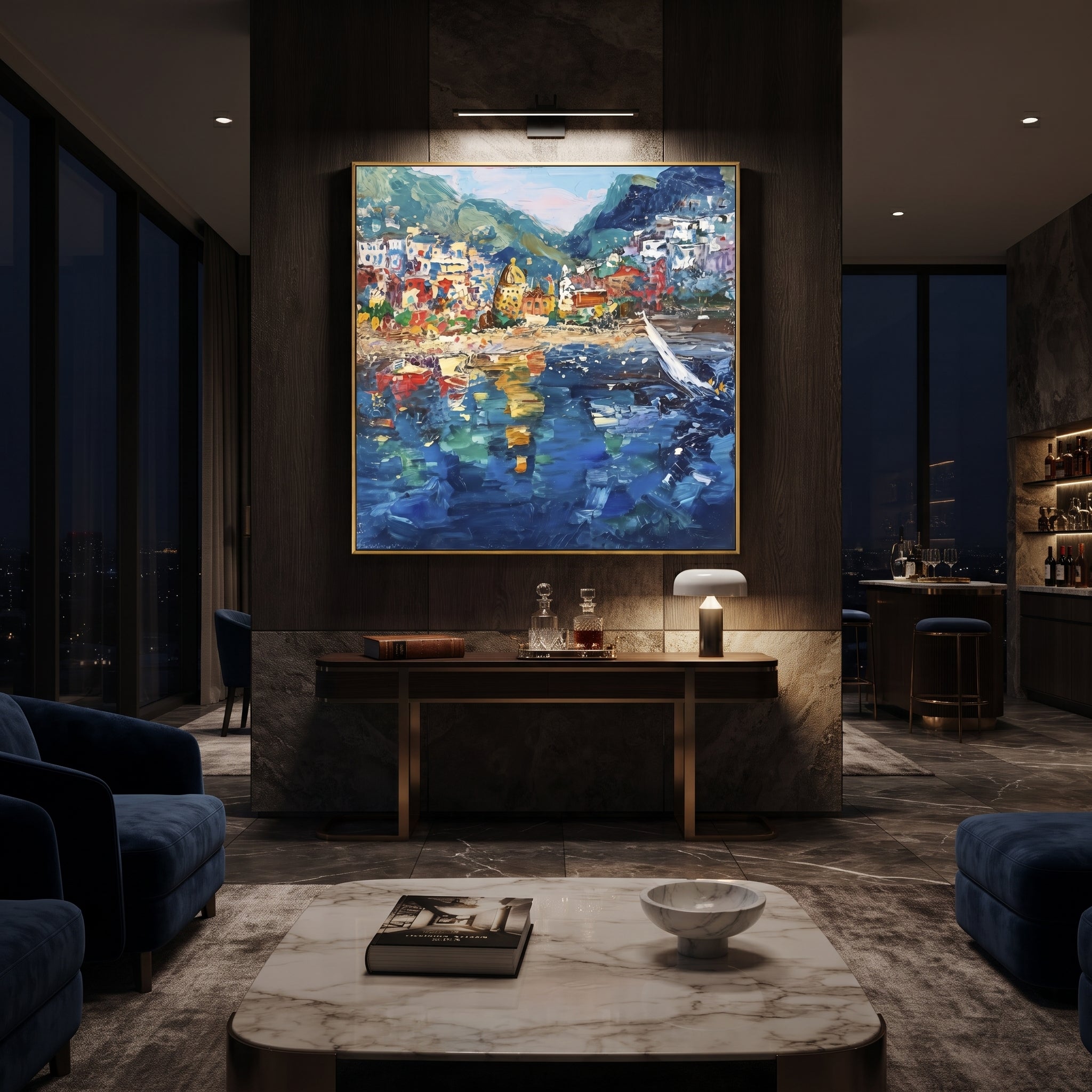 "Harbor Village Reflections Coastal with Sailboats Painting" focuses on atmosphere, surface movement, and sculptural heavy impasto craftsmanship rather than a fixed literal storyline. The composition uses this hand-painted Mediterranean canvas features colorful waterfront houses, moored boats, shimmering blue harbor reflections, pastel sky, built with raised palette-knife texture, layered brushwork, and luminous coastal color as the visual anchor, while layered palette-knife paint, raised