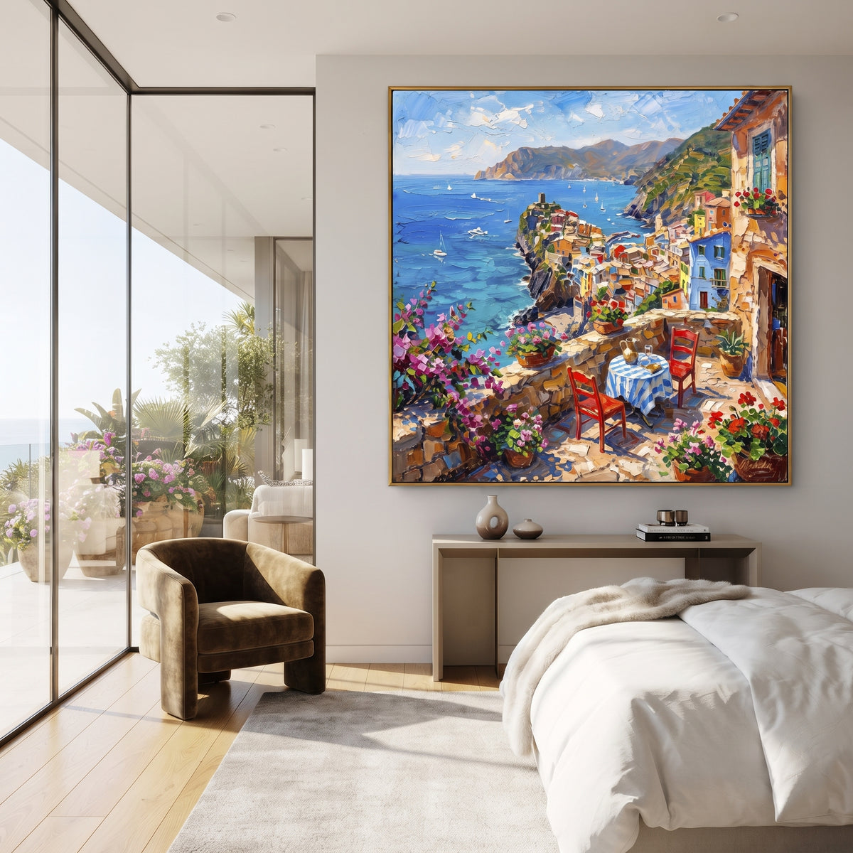 "White Stucco Terrace Painting" focuses on atmosphere, surface movement, and sculptural heavy impasto craftsmanship rather than a fixed literal storyline. The composition uses this hand-painted Mediterranean canvas features white stucco terrace, blue doors, potted blooms, open view toward the Mediterranean, built with raised palette-knife texture, layered brushwork, and luminous coastal color as the visual anchor, while layered palette-knife paint, raised plaster-like texture, and softened brush