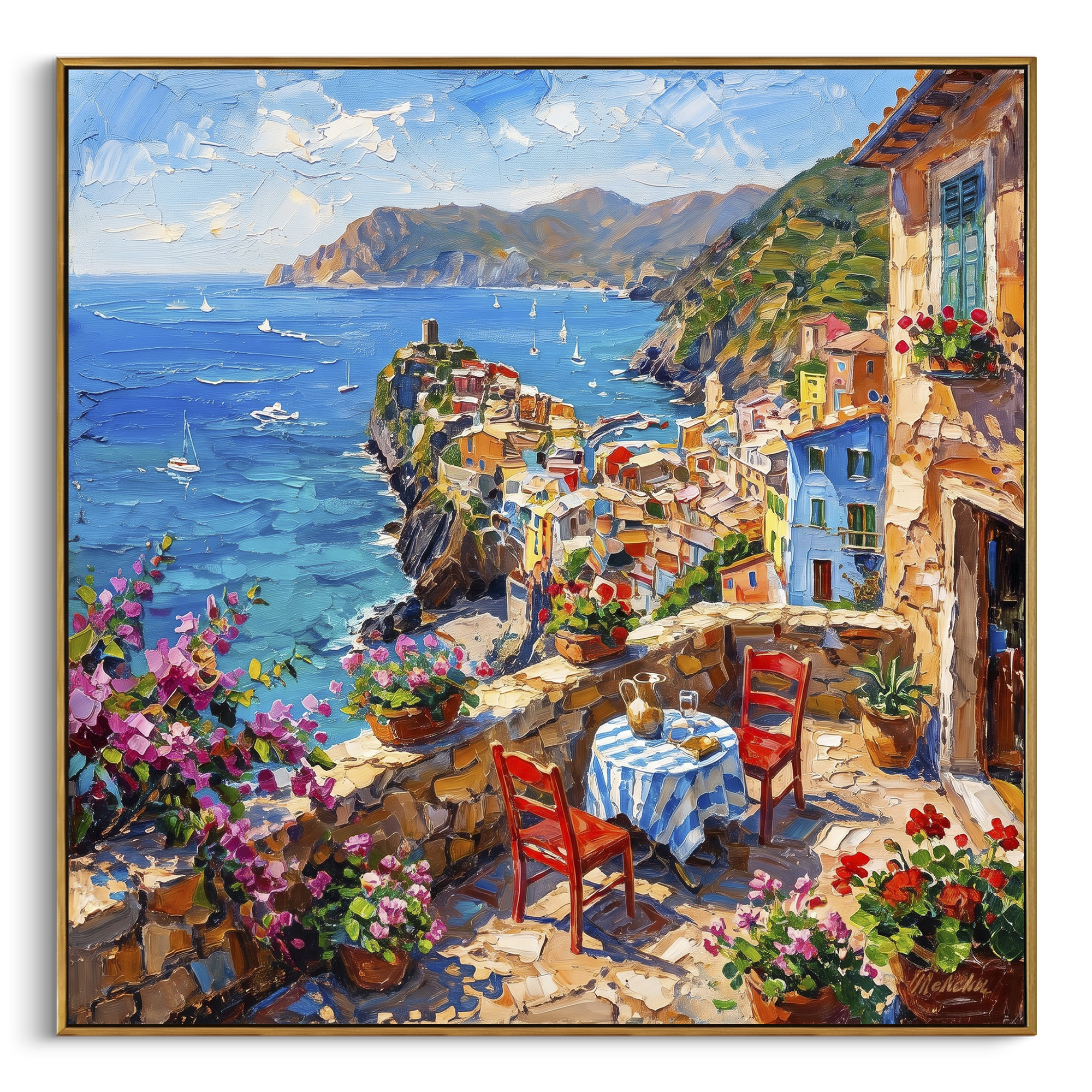 "White Stucco Terrace Painting" focuses on atmosphere, surface movement, and sculptural heavy impasto craftsmanship rather than a fixed literal storyline. The composition uses this hand-painted Mediterranean canvas features white stucco terrace, blue doors, potted blooms, open view toward the Mediterranean, built with raised palette-knife texture, layered brushwork, and luminous coastal color as the visual anchor, while layered palette-knife paint, raised plaster-like texture, and softened brush
