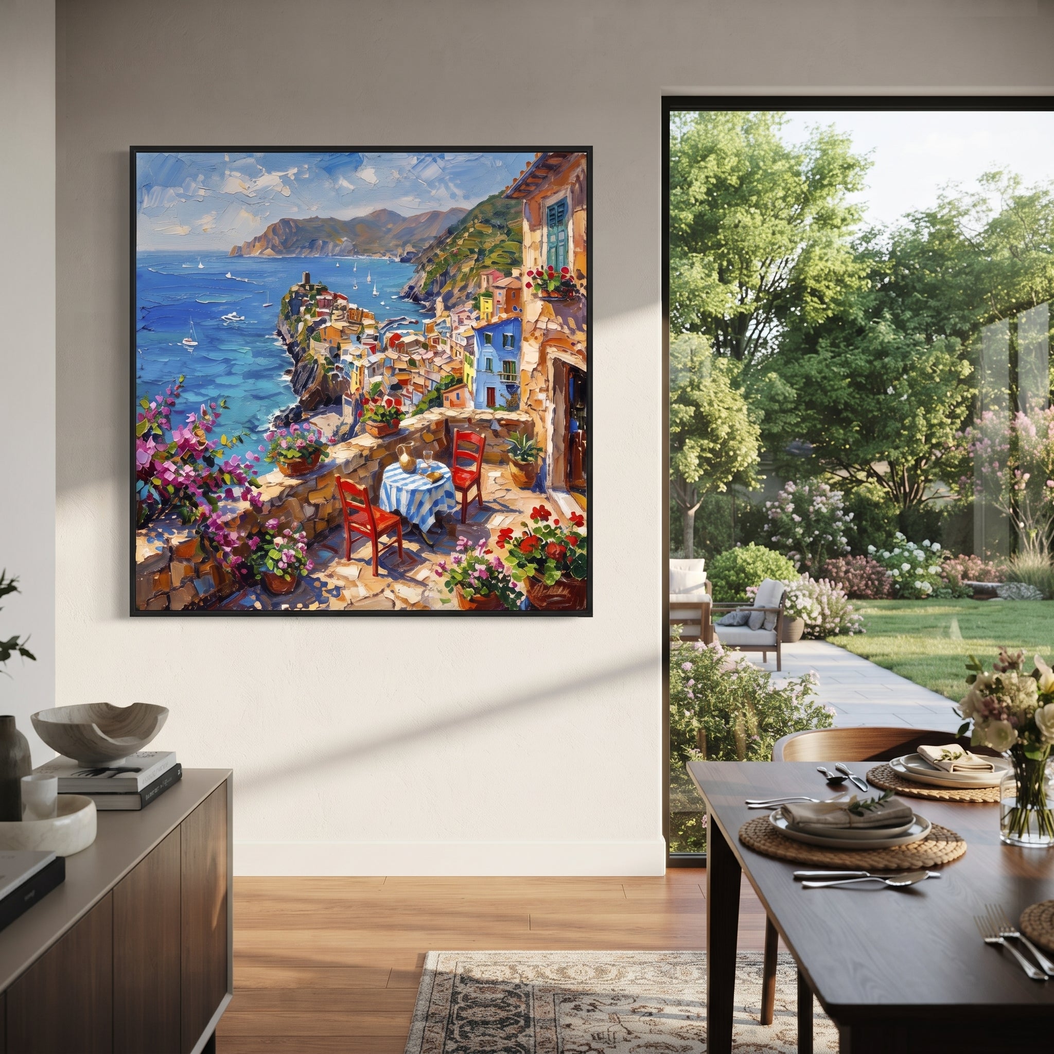 "White Stucco Terrace Painting" focuses on atmosphere, surface movement, and sculptural heavy impasto craftsmanship rather than a fixed literal storyline. The composition uses this hand-painted Mediterranean canvas features white stucco terrace, blue doors, potted blooms, open view toward the Mediterranean, built with raised palette-knife texture, layered brushwork, and luminous coastal color as the visual anchor, while layered palette-knife paint, raised plaster-like texture, and softened brush