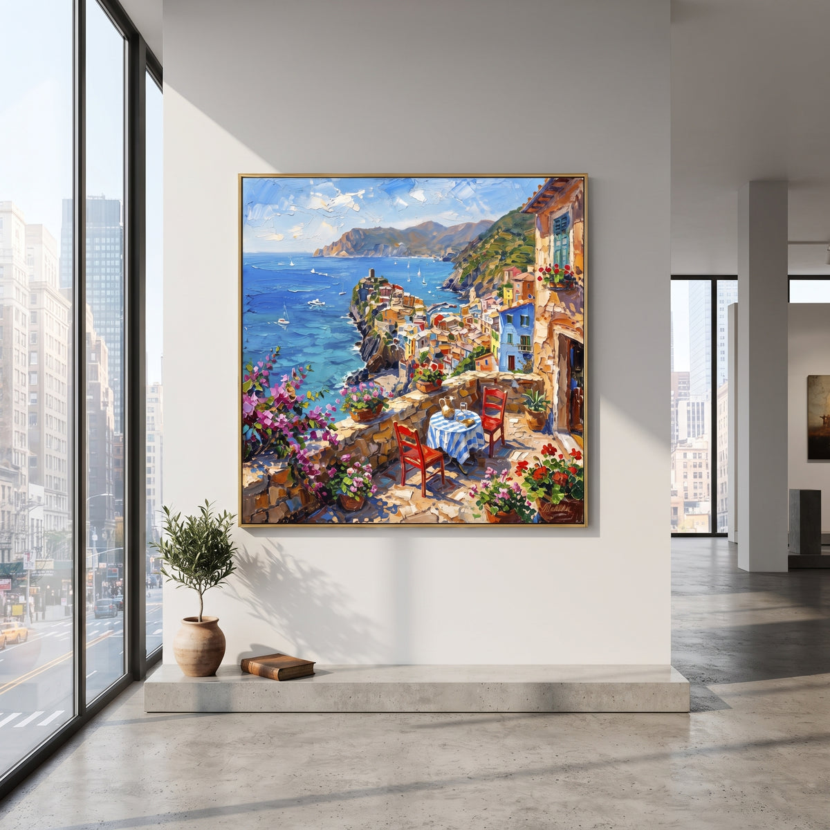 "White Stucco Terrace Painting" focuses on atmosphere, surface movement, and sculptural heavy impasto craftsmanship rather than a fixed literal storyline. The composition uses this hand-painted Mediterranean canvas features white stucco terrace, blue doors, potted blooms, open view toward the Mediterranean, built with raised palette-knife texture, layered brushwork, and luminous coastal color as the visual anchor, while layered palette-knife paint, raised plaster-like texture, and softened brush