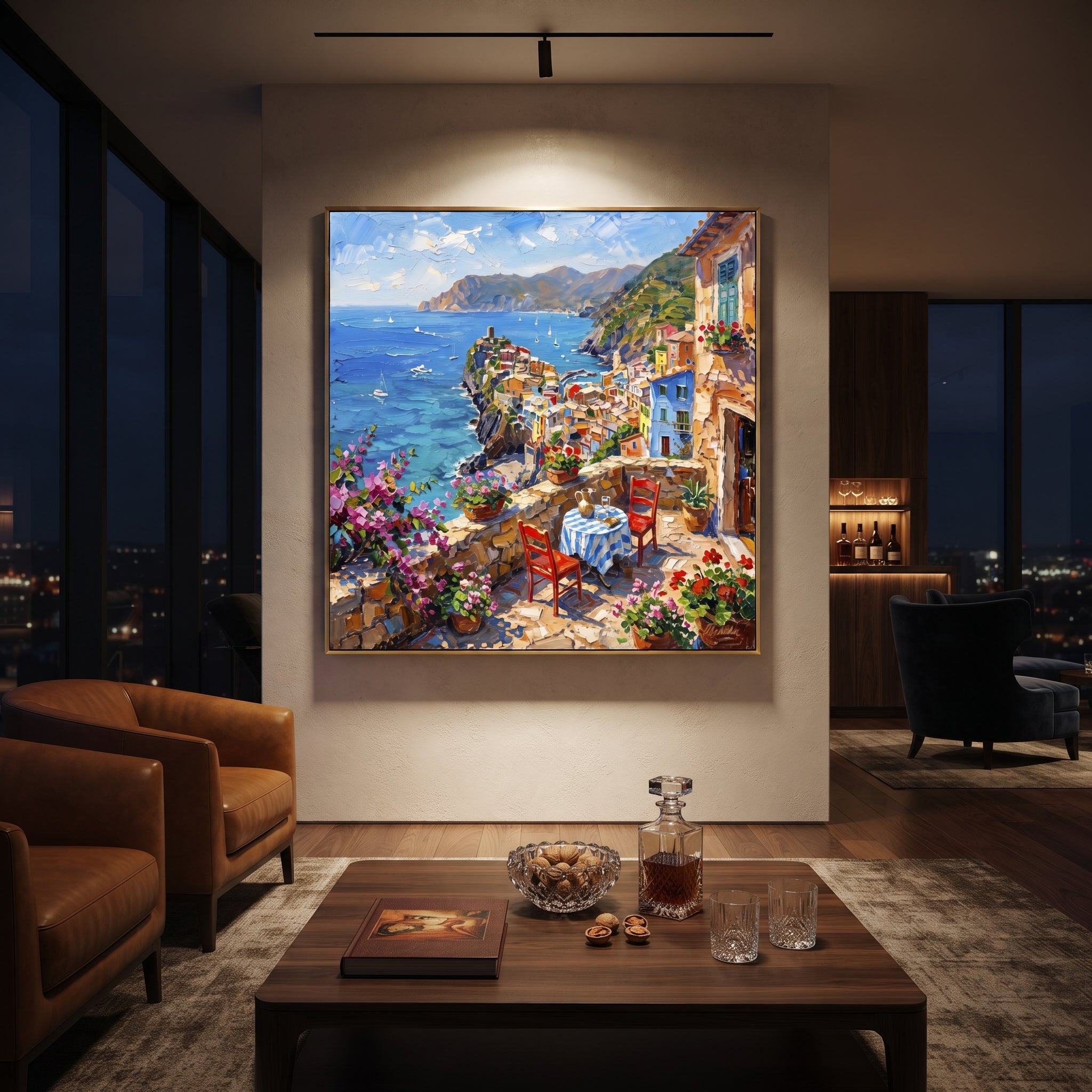"White Stucco Terrace Painting" focuses on atmosphere, surface movement, and sculptural heavy impasto craftsmanship rather than a fixed literal storyline. The composition uses this hand-painted Mediterranean canvas features white stucco terrace, blue doors, potted blooms, open view toward the Mediterranean, built with raised palette-knife texture, layered brushwork, and luminous coastal color as the visual anchor, while layered palette-knife paint, raised plaster-like texture, and softened brush